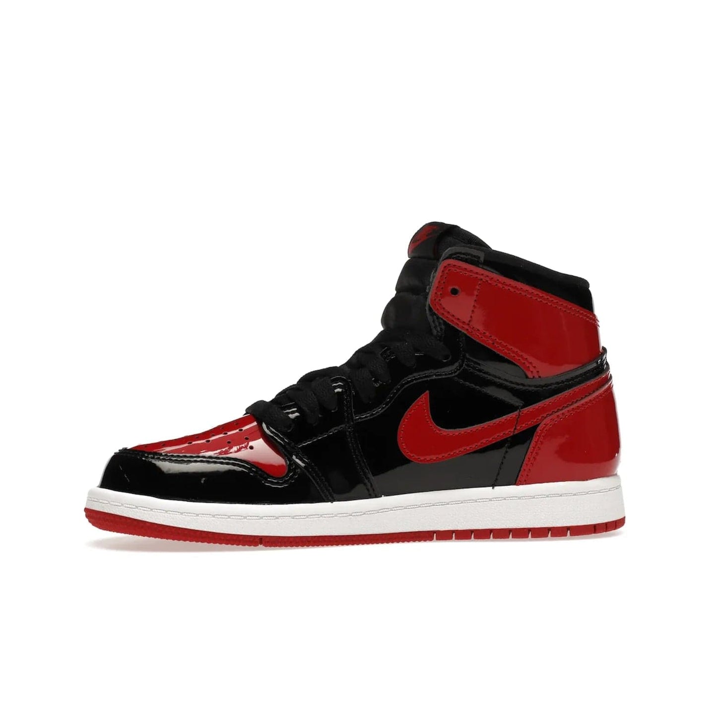 Jordan 1 Retro High OG Patent Bred (PS) - Image 18 - Only at www.BallersClubKickz.com - A timeless classic, the Air Jordan 1 Retro High OG Bred Patent PS features patent leather and debossed Air Jordan Wings motifs. Classic black, white and varsity red colourway on a comfortable and stylish sneaker. Shop this must-have now.