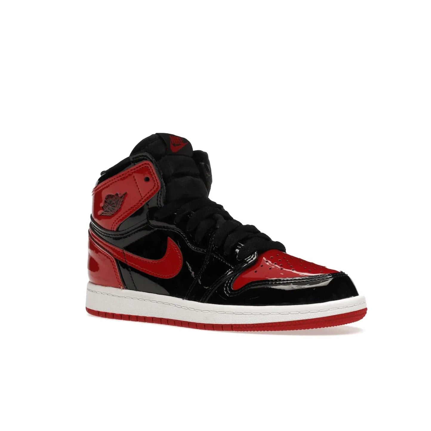 Jordan 1 Retro High OG Patent Bred (PS) - Image 5 - Only at www.BallersClubKickz.com - A timeless classic, the Air Jordan 1 Retro High OG Bred Patent PS features patent leather and debossed Air Jordan Wings motifs. Classic black, white and varsity red colourway on a comfortable and stylish sneaker. Shop this must-have now.