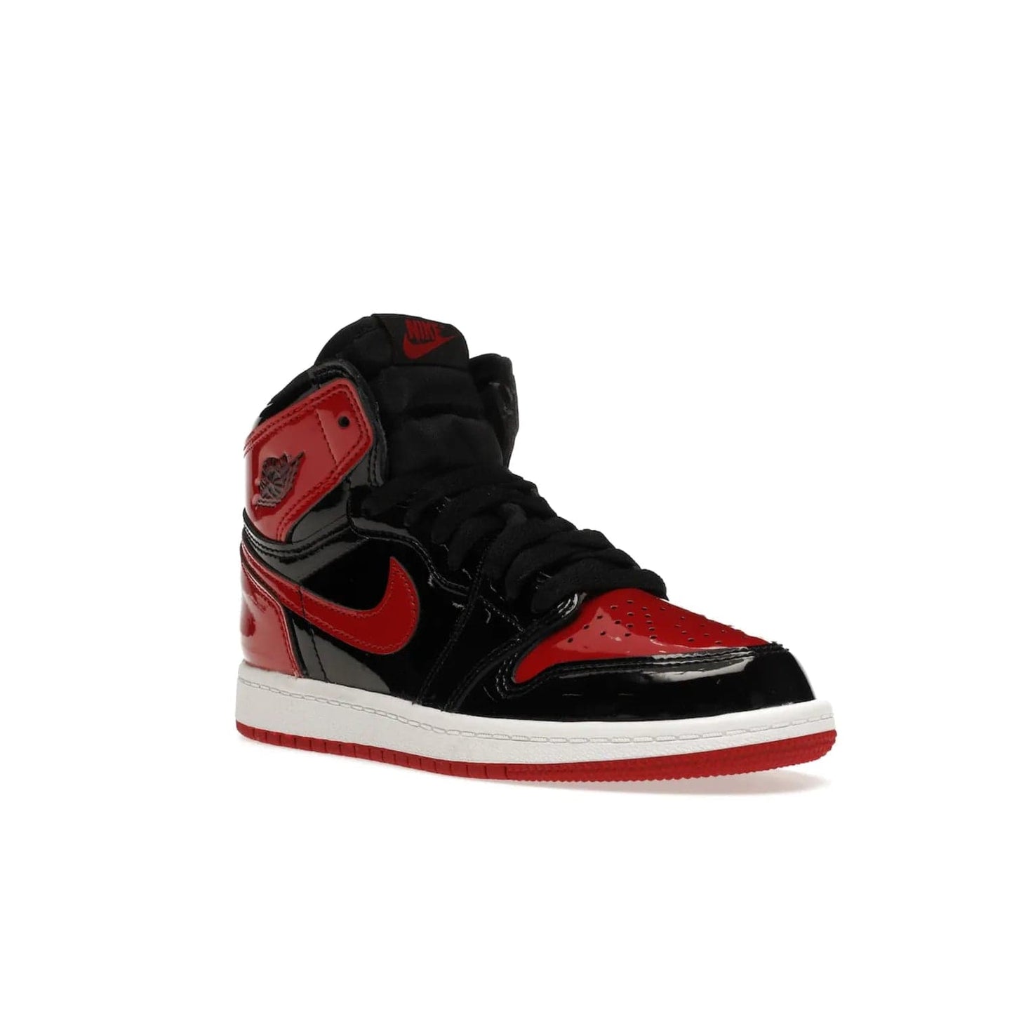 Jordan 1 Retro High OG Patent Bred (PS) - Image 6 - Only at www.BallersClubKickz.com - A timeless classic, the Air Jordan 1 Retro High OG Bred Patent PS features patent leather and debossed Air Jordan Wings motifs. Classic black, white and varsity red colourway on a comfortable and stylish sneaker. Shop this must-have now.