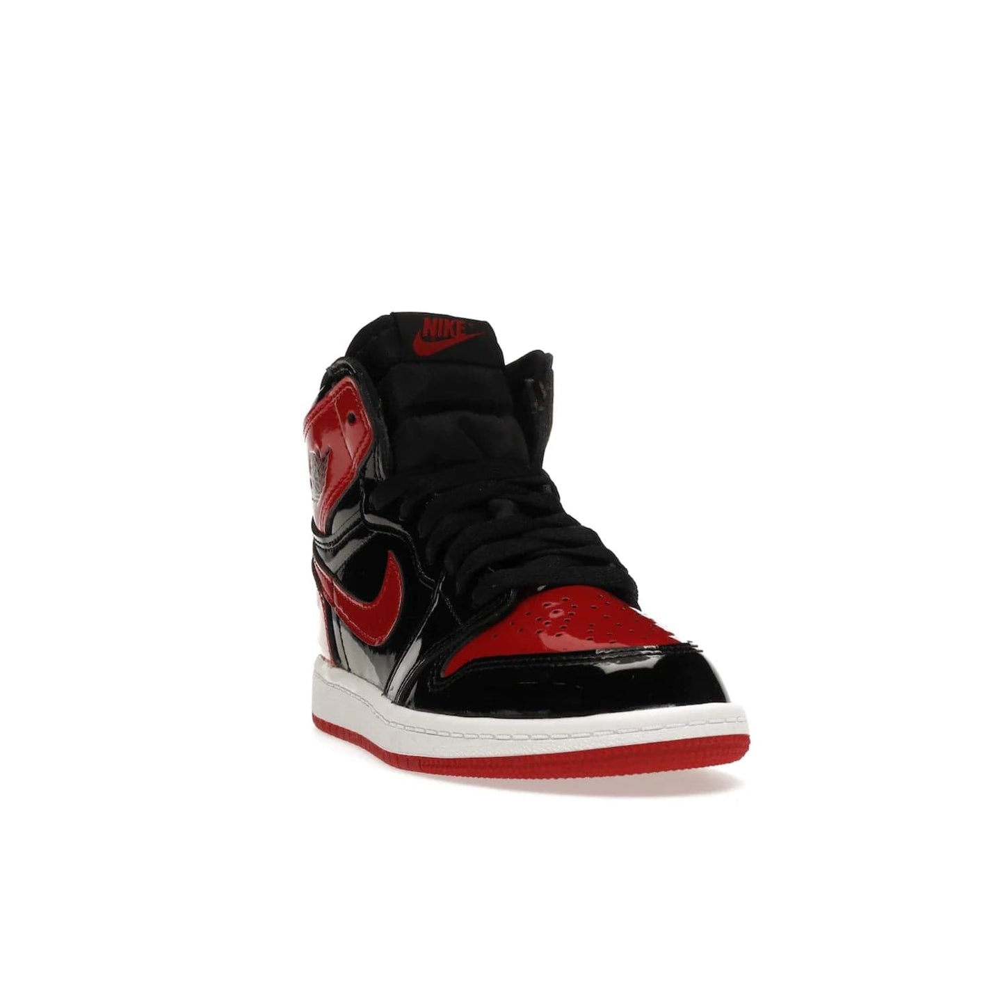 Jordan 1 Retro High OG Patent Bred (PS) - Image 8 - Only at www.BallersClubKickz.com - A timeless classic, the Air Jordan 1 Retro High OG Bred Patent PS features patent leather and debossed Air Jordan Wings motifs. Classic black, white and varsity red colourway on a comfortable and stylish sneaker. Shop this must-have now.