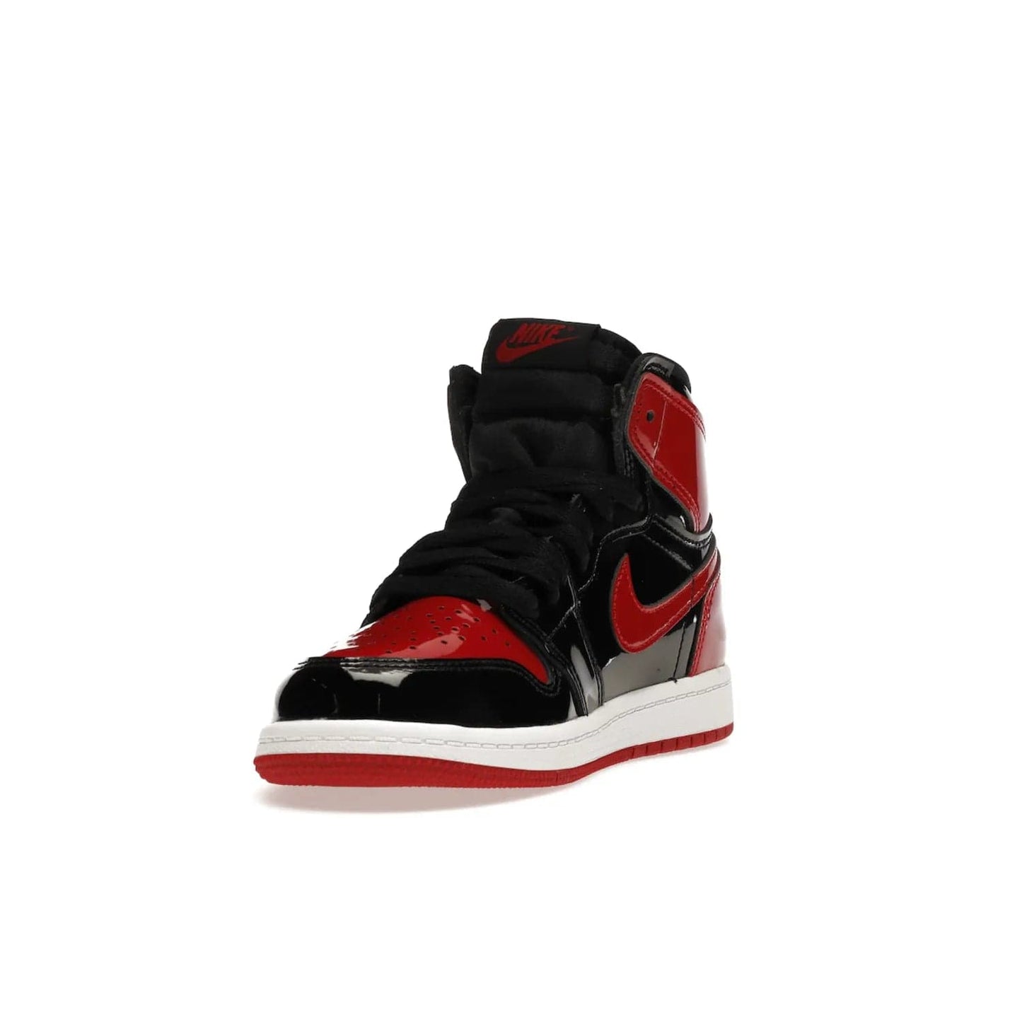 Jordan 1 Retro High OG Patent Bred (PS) - Image 13 - Only at www.BallersClubKickz.com - A timeless classic, the Air Jordan 1 Retro High OG Bred Patent PS features patent leather and debossed Air Jordan Wings motifs. Classic black, white and varsity red colourway on a comfortable and stylish sneaker. Shop this must-have now.