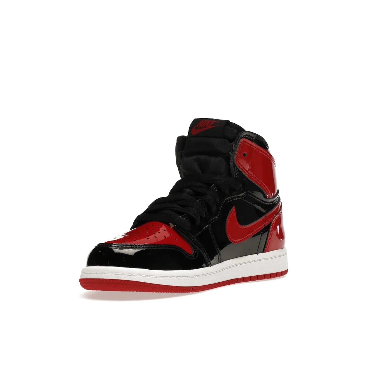 Jordan 1 Retro High OG Patent Bred (PS) - Image 14 - Only at www.BallersClubKickz.com - A timeless classic, the Air Jordan 1 Retro High OG Bred Patent PS features patent leather and debossed Air Jordan Wings motifs. Classic black, white and varsity red colourway on a comfortable and stylish sneaker. Shop this must-have now.