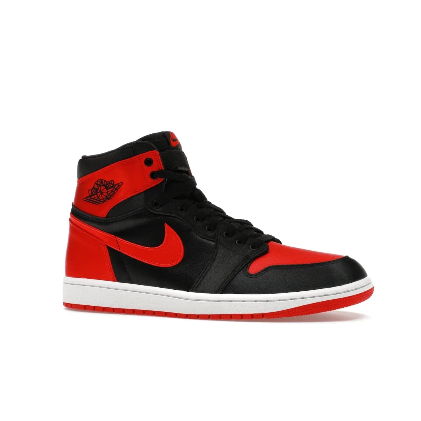 Jordan 1 Retro High OG Satin Bred (Women's) - Image 3 - Only at www.BallersClubKickz.com - Introducing the Jordan 1 Retro High OG Satin Bred (Women's). Luxe satin finish, contrasting hues & classic accents. Trending sneakers symbolizing timelessness & heritage. Make a bold statement with this iconic shoe. Available October 4, 2023.