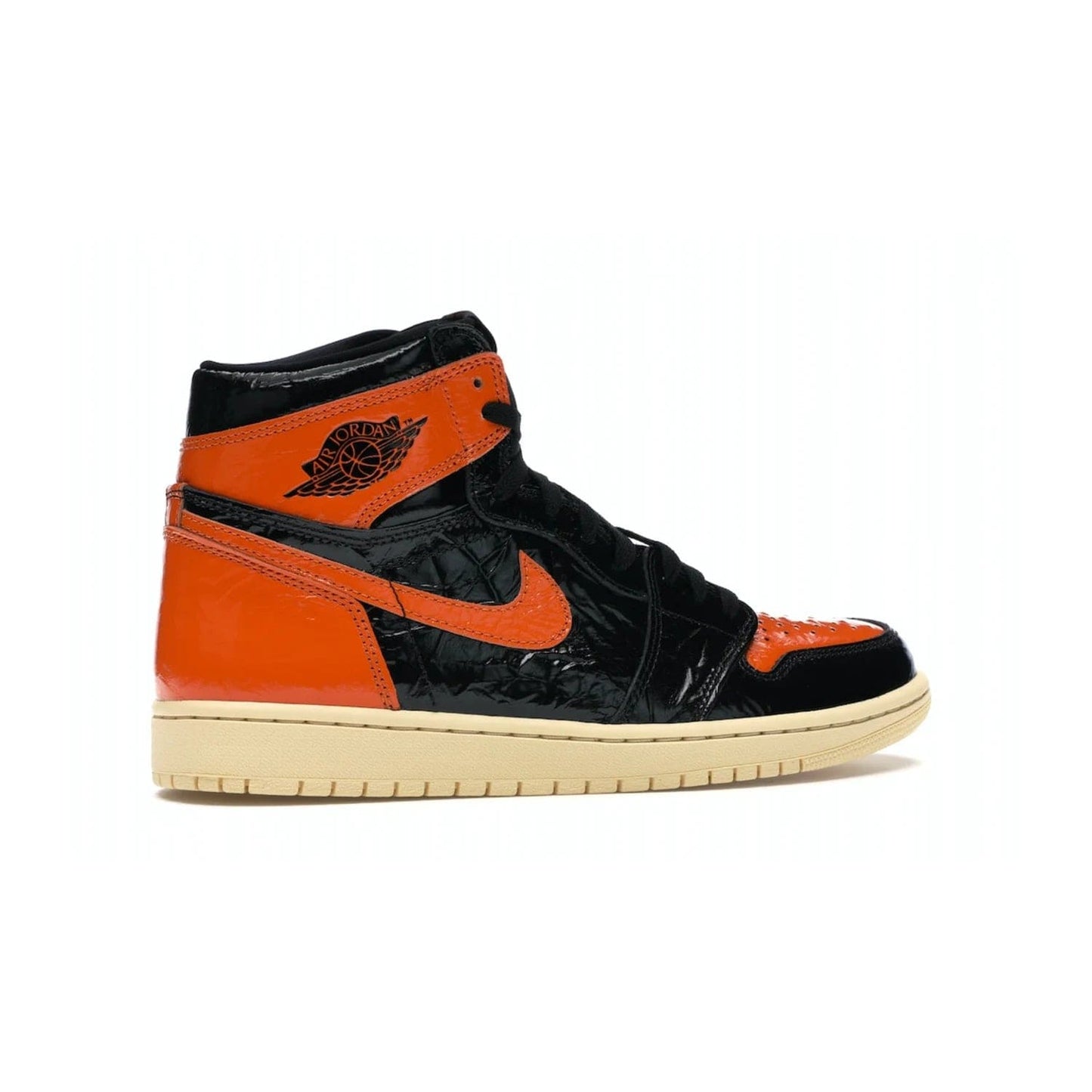 Jordan 1 Retro High Shattered Backboard 3.0 - Image 35 - Only at www.BallersClubKickz.com - #
Jordan 1 Retro High Shattered Backboard 3.0: the perfect blend of modern style and nostalgic flair featuring an orange and black crinkled patent leather upper and yellowed vanilla outsole. Get these exclusive sneakers released in October of 2019!