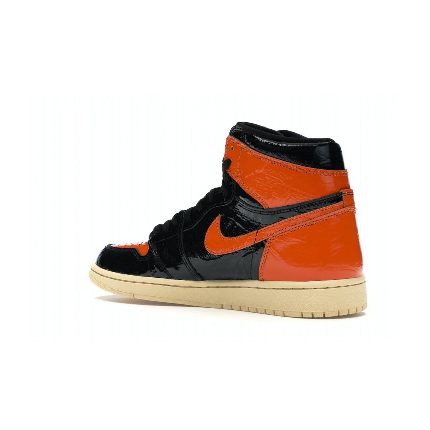 Jordan 1 Retro High Shattered Backboard 3.0 - Image 23 - Only at www.BallersClubKickz.com - #
Jordan 1 Retro High Shattered Backboard 3.0: the perfect blend of modern style and nostalgic flair featuring an orange and black crinkled patent leather upper and yellowed vanilla outsole. Get these exclusive sneakers released in October of 2019!