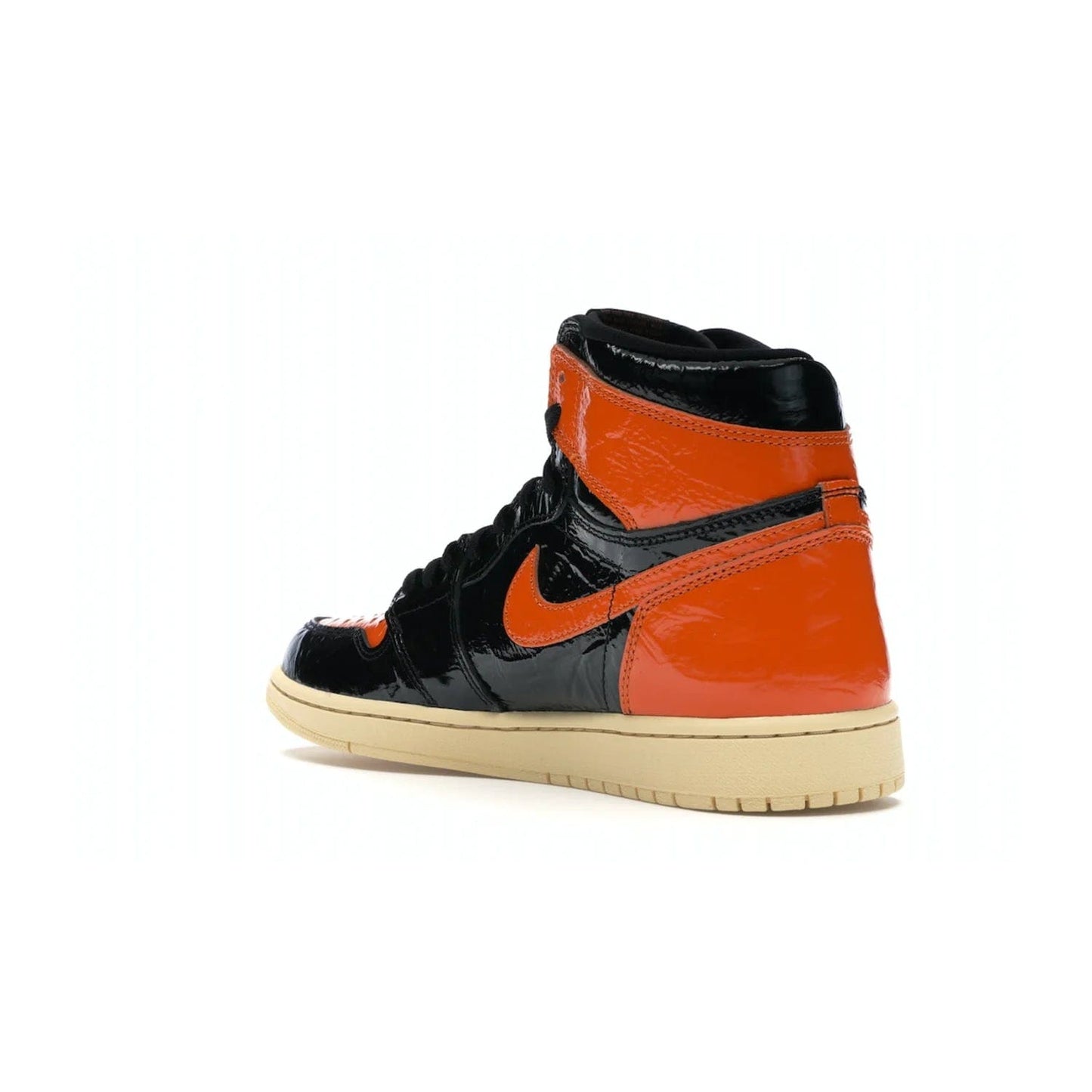 Jordan 1 Retro High Shattered Backboard 3.0 - Image 24 - Only at www.BallersClubKickz.com - #
Jordan 1 Retro High Shattered Backboard 3.0: the perfect blend of modern style and nostalgic flair featuring an orange and black crinkled patent leather upper and yellowed vanilla outsole. Get these exclusive sneakers released in October of 2019!