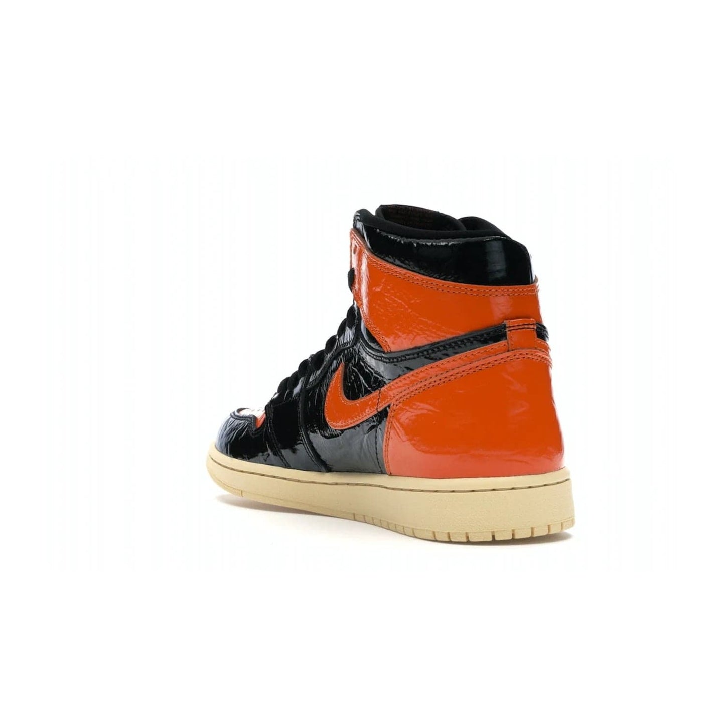 Jordan 1 Retro High Shattered Backboard 3.0 - Image 25 - Only at www.BallersClubKickz.com - #
Jordan 1 Retro High Shattered Backboard 3.0: the perfect blend of modern style and nostalgic flair featuring an orange and black crinkled patent leather upper and yellowed vanilla outsole. Get these exclusive sneakers released in October of 2019!