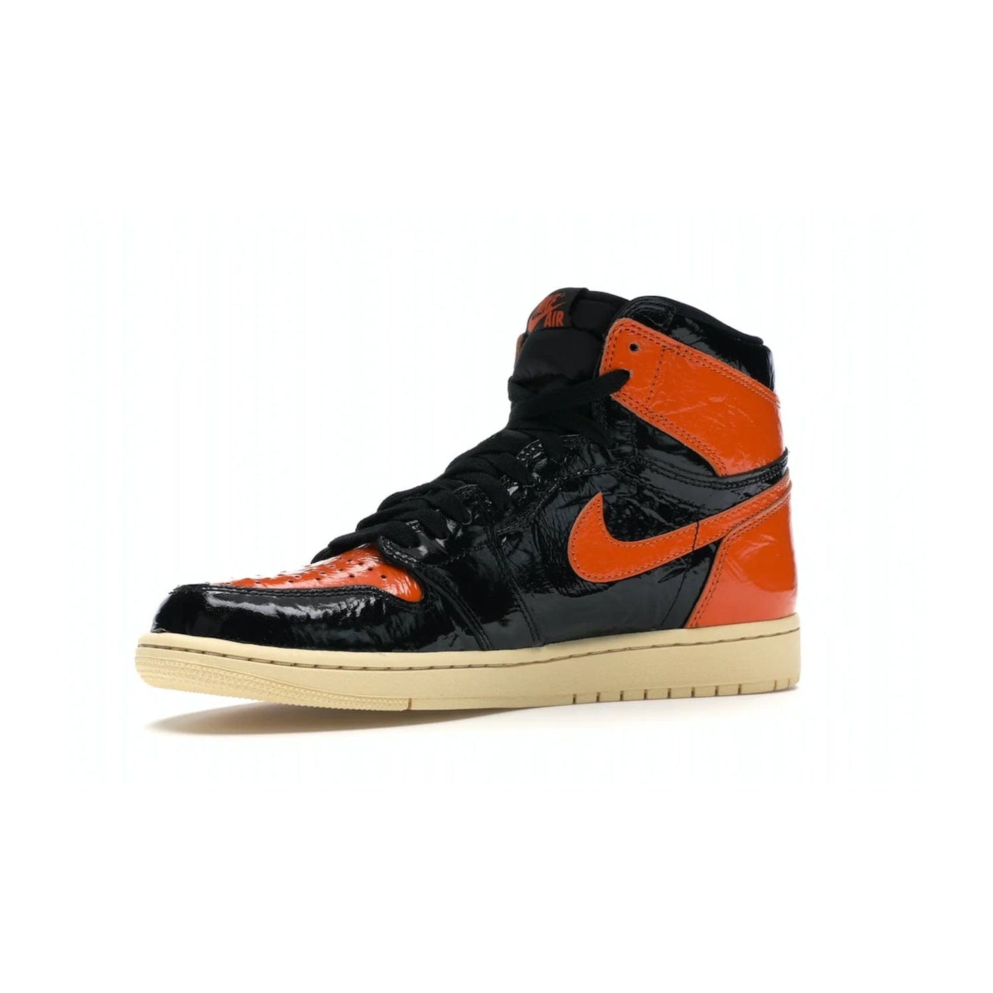 Jordan 1 Retro High Shattered Backboard 3.0 - Image 16 - Only at www.BallersClubKickz.com - #
Jordan 1 Retro High Shattered Backboard 3.0: the perfect blend of modern style and nostalgic flair featuring an orange and black crinkled patent leather upper and yellowed vanilla outsole. Get these exclusive sneakers released in October of 2019!