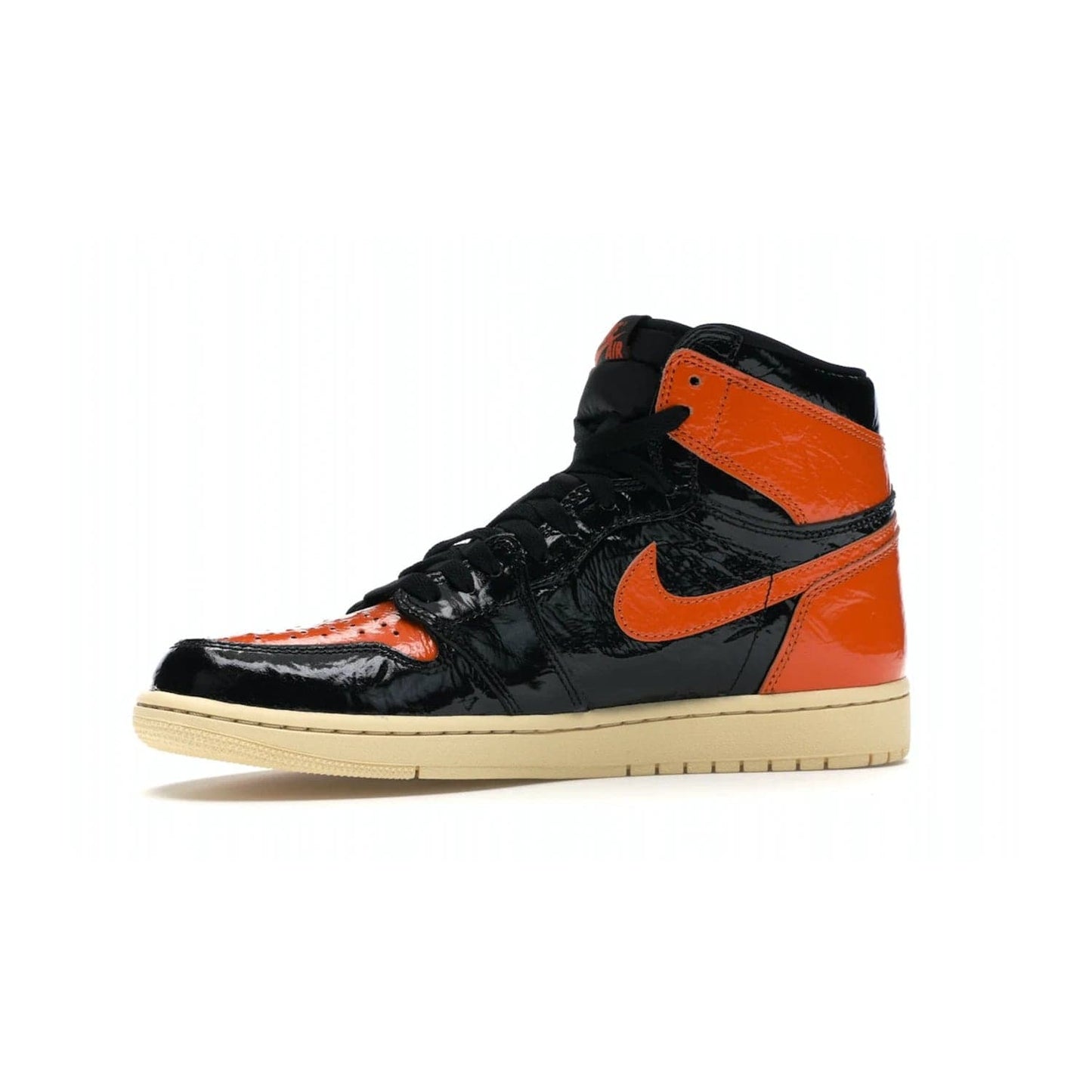Jordan 1 Retro High Shattered Backboard 3.0 - Image 17 - Only at www.BallersClubKickz.com - #
Jordan 1 Retro High Shattered Backboard 3.0: the perfect blend of modern style and nostalgic flair featuring an orange and black crinkled patent leather upper and yellowed vanilla outsole. Get these exclusive sneakers released in October of 2019!