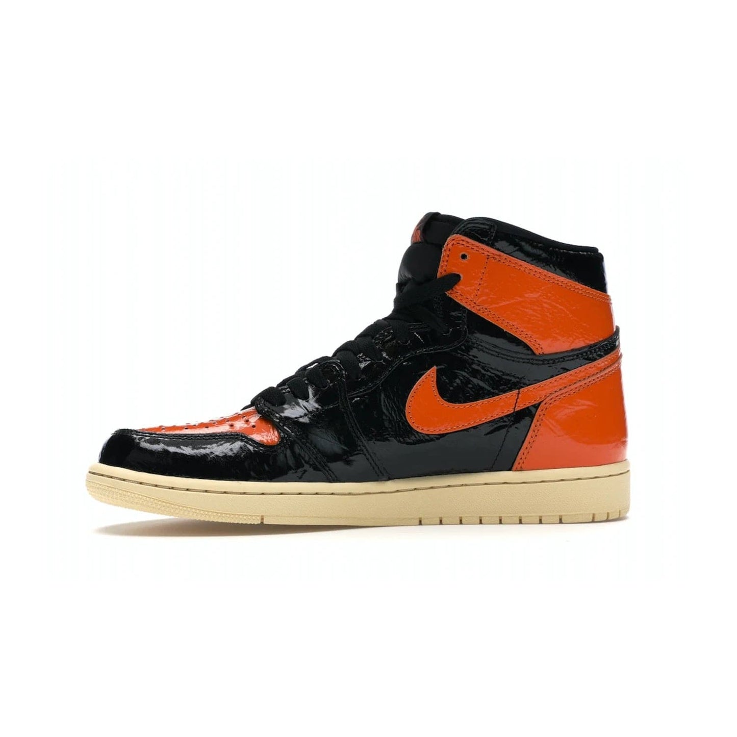 Jordan 1 Retro High Shattered Backboard 3.0 - Image 18 - Only at www.BallersClubKickz.com - #
Jordan 1 Retro High Shattered Backboard 3.0: the perfect blend of modern style and nostalgic flair featuring an orange and black crinkled patent leather upper and yellowed vanilla outsole. Get these exclusive sneakers released in October of 2019!