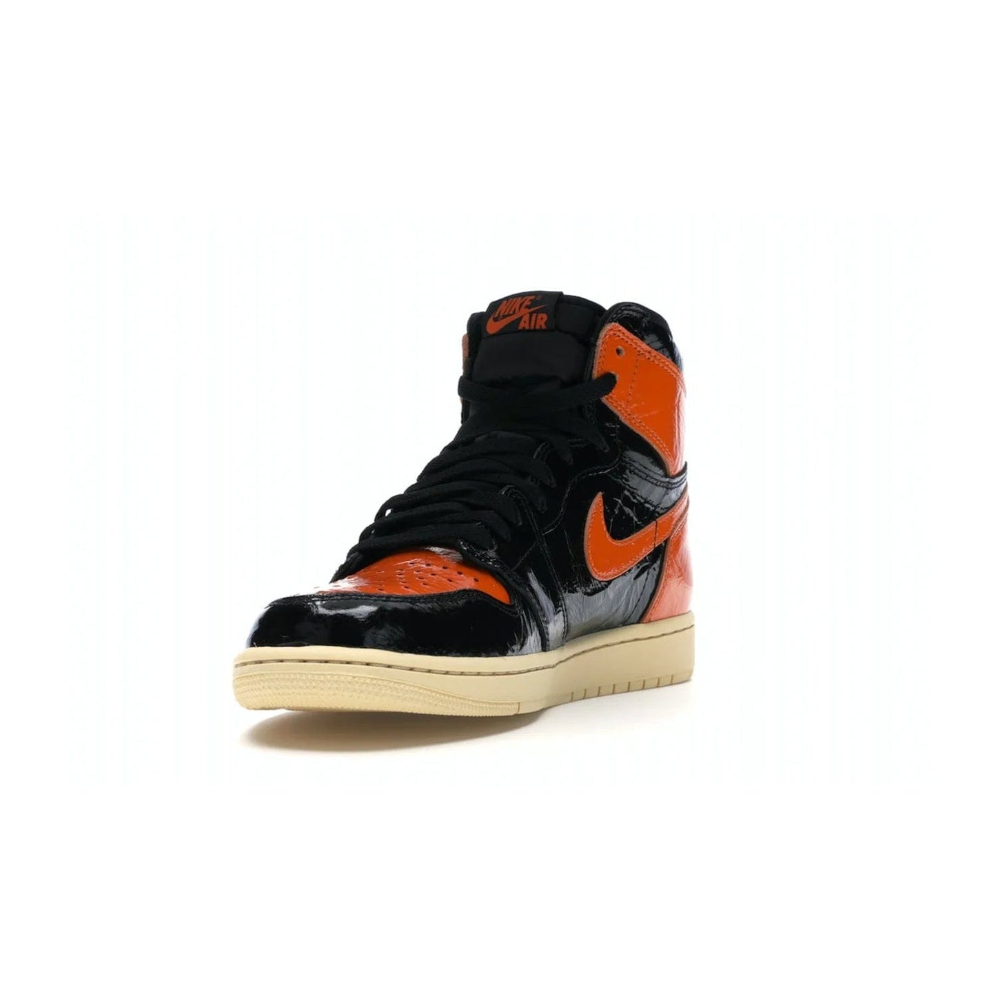 Jordan 1 Retro High Shattered Backboard 3.0 - Image 13 - Only at www.BallersClubKickz.com - #
Jordan 1 Retro High Shattered Backboard 3.0: the perfect blend of modern style and nostalgic flair featuring an orange and black crinkled patent leather upper and yellowed vanilla outsole. Get these exclusive sneakers released in October of 2019!