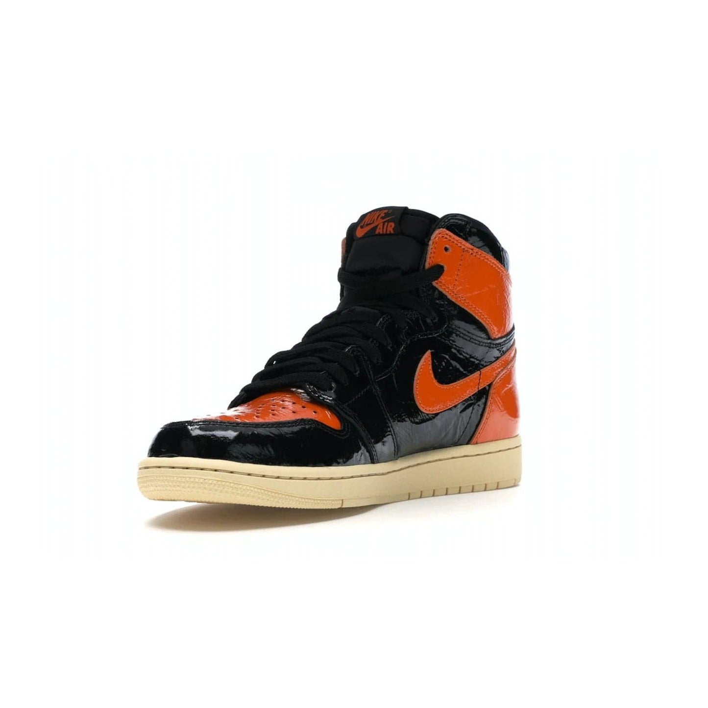 Jordan 1 Retro High Shattered Backboard 3.0 - Image 14 - Only at www.BallersClubKickz.com - #
Jordan 1 Retro High Shattered Backboard 3.0: the perfect blend of modern style and nostalgic flair featuring an orange and black crinkled patent leather upper and yellowed vanilla outsole. Get these exclusive sneakers released in October of 2019!