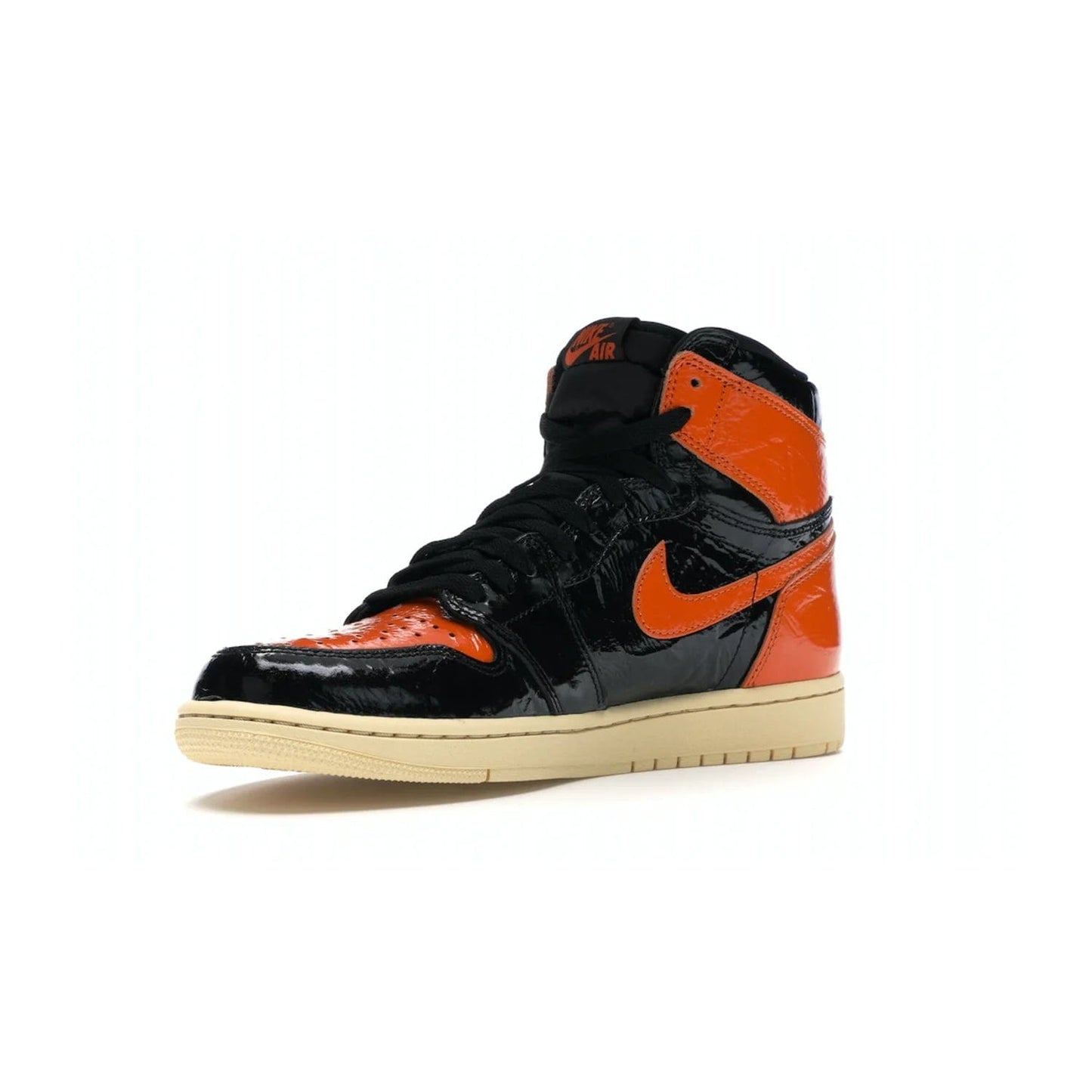 Jordan 1 Retro High Shattered Backboard 3.0 - Image 15 - Only at www.BallersClubKickz.com - #
Jordan 1 Retro High Shattered Backboard 3.0: the perfect blend of modern style and nostalgic flair featuring an orange and black crinkled patent leather upper and yellowed vanilla outsole. Get these exclusive sneakers released in October of 2019!