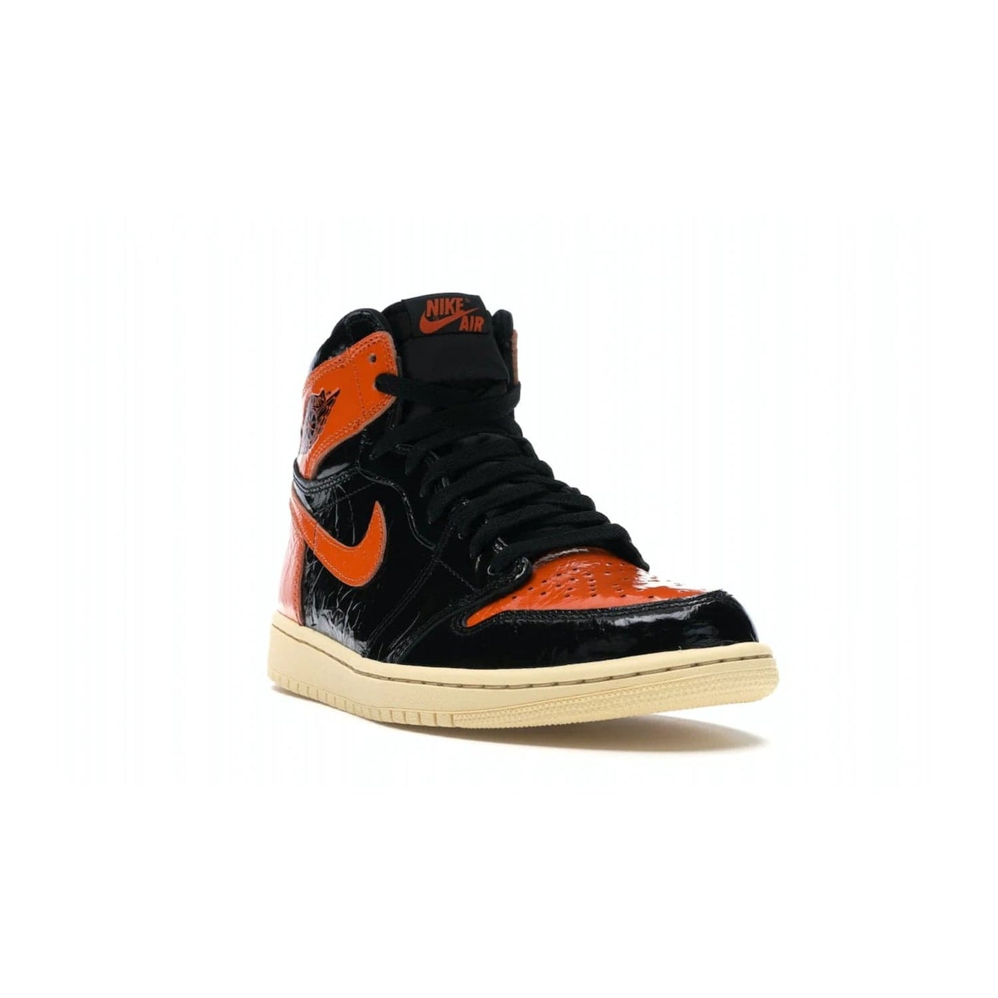Jordan 1 Retro High Shattered Backboard 3.0 - Image 7 - Only at www.BallersClubKickz.com - #
Jordan 1 Retro High Shattered Backboard 3.0: the perfect blend of modern style and nostalgic flair featuring an orange and black crinkled patent leather upper and yellowed vanilla outsole. Get these exclusive sneakers released in October of 2019!