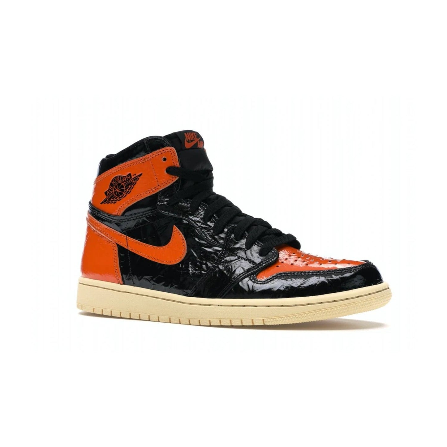 Jordan 1 Retro High Shattered Backboard 3.0 - Image 4 - Only at www.BallersClubKickz.com - #
Jordan 1 Retro High Shattered Backboard 3.0: the perfect blend of modern style and nostalgic flair featuring an orange and black crinkled patent leather upper and yellowed vanilla outsole. Get these exclusive sneakers released in October of 2019!