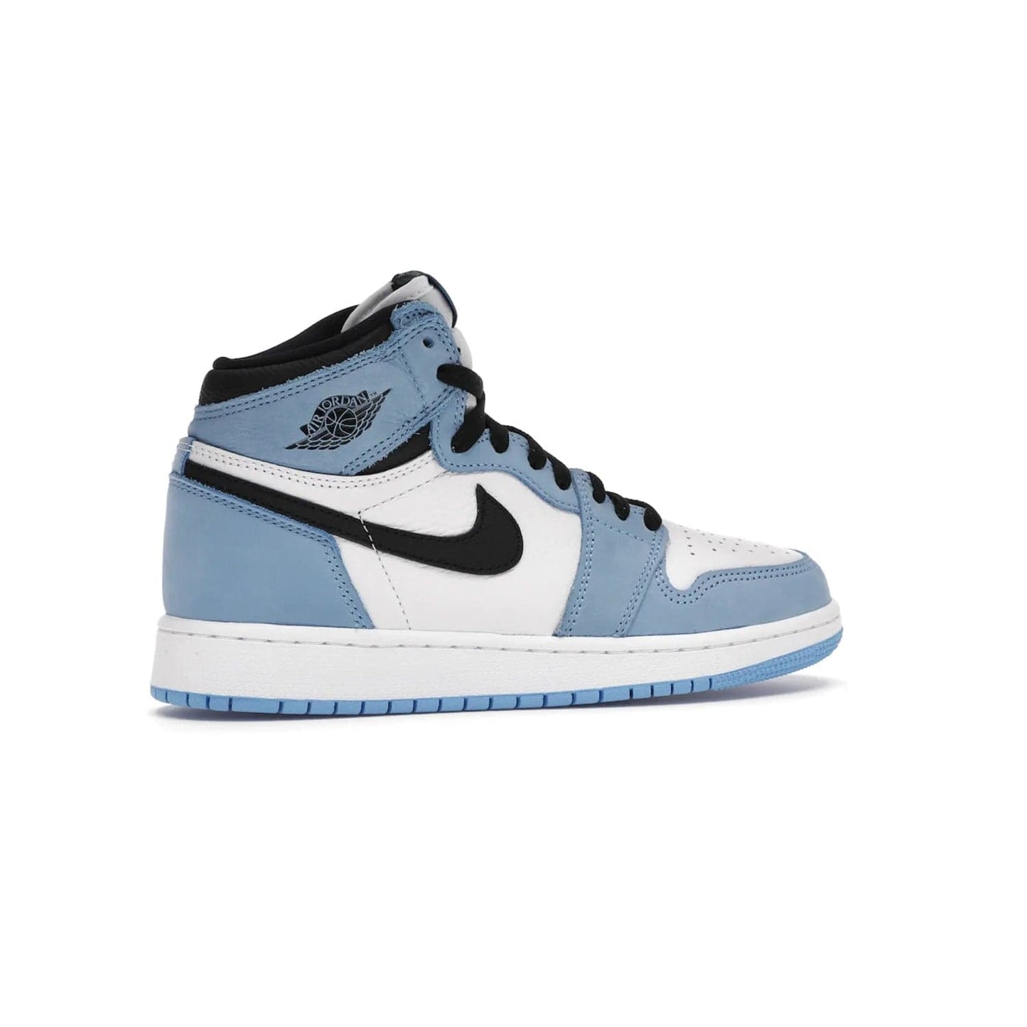 Jordan 1 Retro High White University Blue Black (GS) - Image 35 - Only at www.BallersClubKickz.com - Air Jordan 1 Retro High White University Blue Black GS: the latest offering from the iconic Air Jordan 1 line. White tumbled leather upper with University Blue overlays and black detailing. University Blue outsole and white midsole. March 6 release.