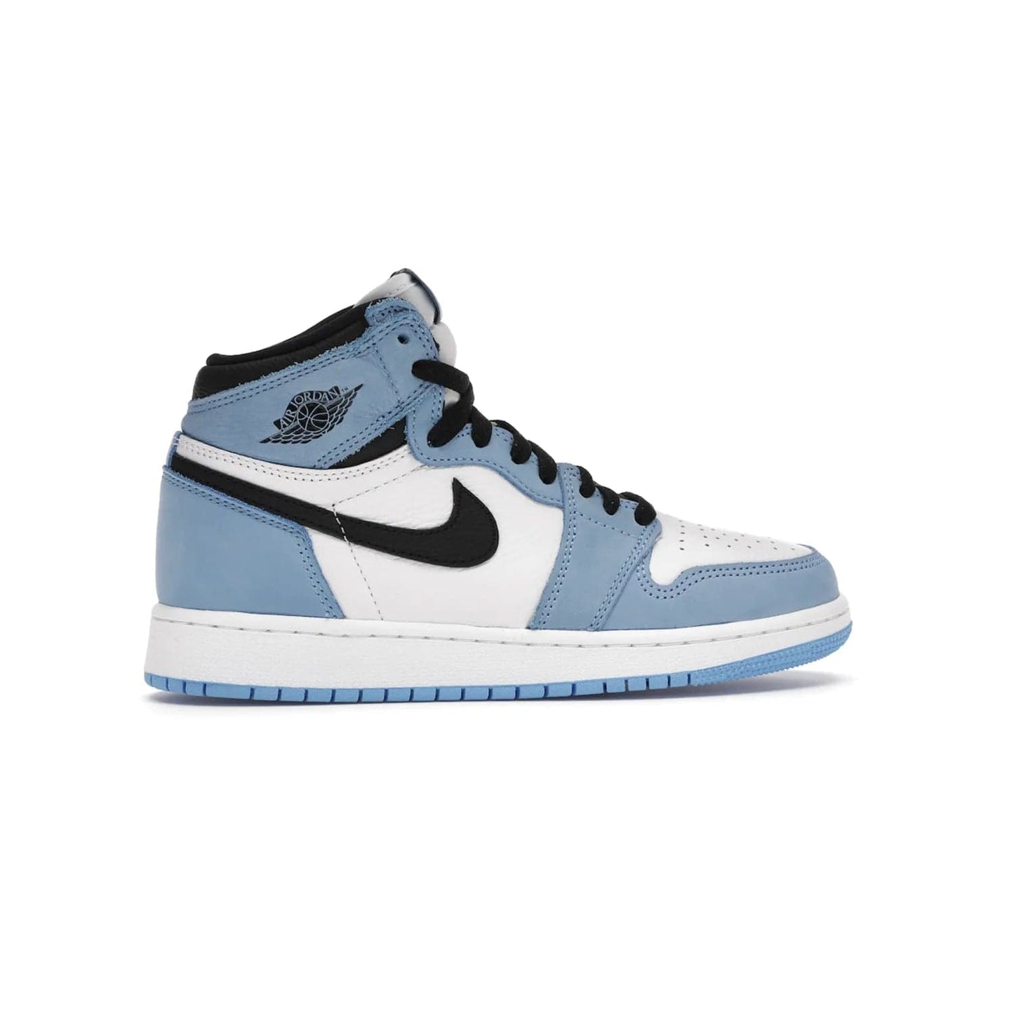 Jordan 1 Retro High White University Blue Black (GS) - Image 36 - Only at www.BallersClubKickz.com - Air Jordan 1 Retro High White University Blue Black GS: the latest offering from the iconic Air Jordan 1 line. White tumbled leather upper with University Blue overlays and black detailing. University Blue outsole and white midsole. March 6 release.