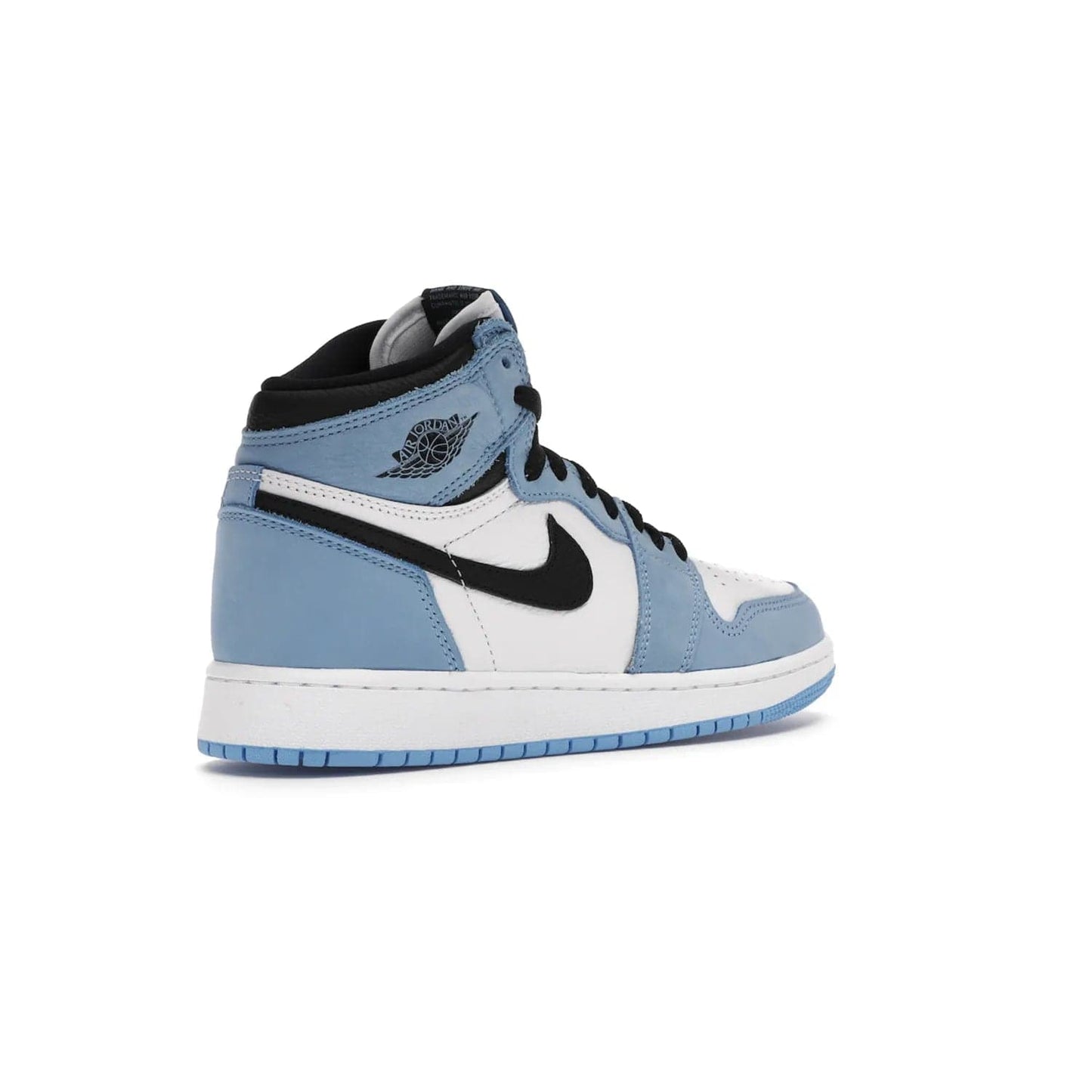 Jordan 1 Retro High White University Blue Black (GS) - Image 33 - Only at www.BallersClubKickz.com - Air Jordan 1 Retro High White University Blue Black GS: the latest offering from the iconic Air Jordan 1 line. White tumbled leather upper with University Blue overlays and black detailing. University Blue outsole and white midsole. March 6 release.