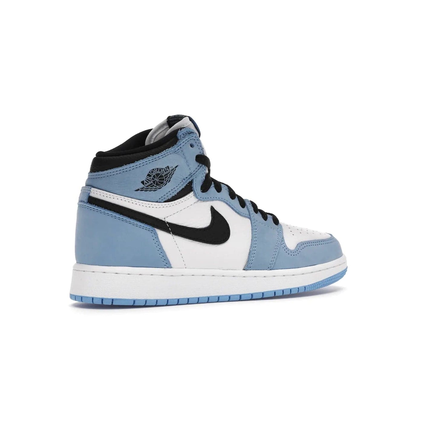 Jordan 1 Retro High White University Blue Black (GS) - Image 34 - Only at www.BallersClubKickz.com - Air Jordan 1 Retro High White University Blue Black GS: the latest offering from the iconic Air Jordan 1 line. White tumbled leather upper with University Blue overlays and black detailing. University Blue outsole and white midsole. March 6 release.