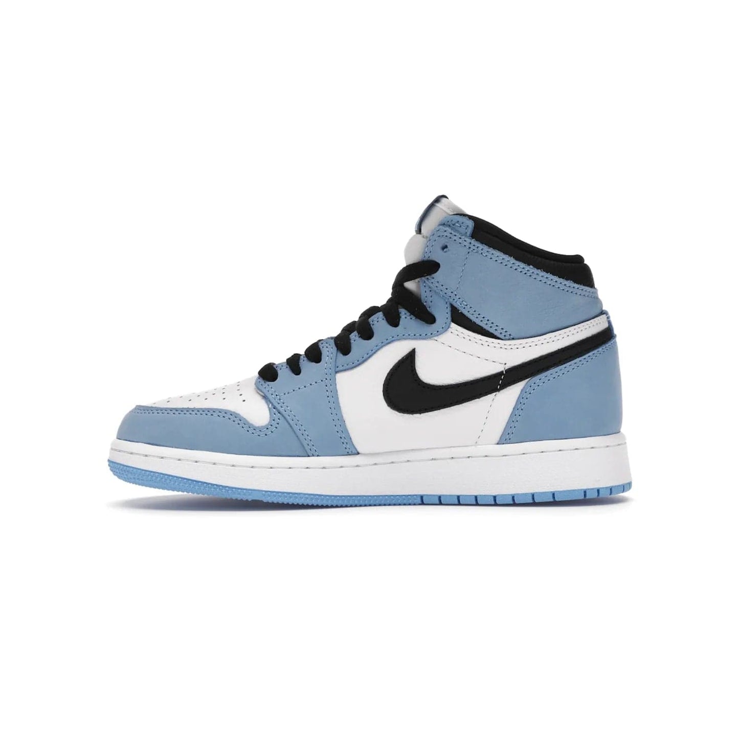 Jordan 1 Retro High White University Blue Black (GS) - Image 19 - Only at www.BallersClubKickz.com - Air Jordan 1 Retro High White University Blue Black GS: the latest offering from the iconic Air Jordan 1 line. White tumbled leather upper with University Blue overlays and black detailing. University Blue outsole and white midsole. March 6 release.