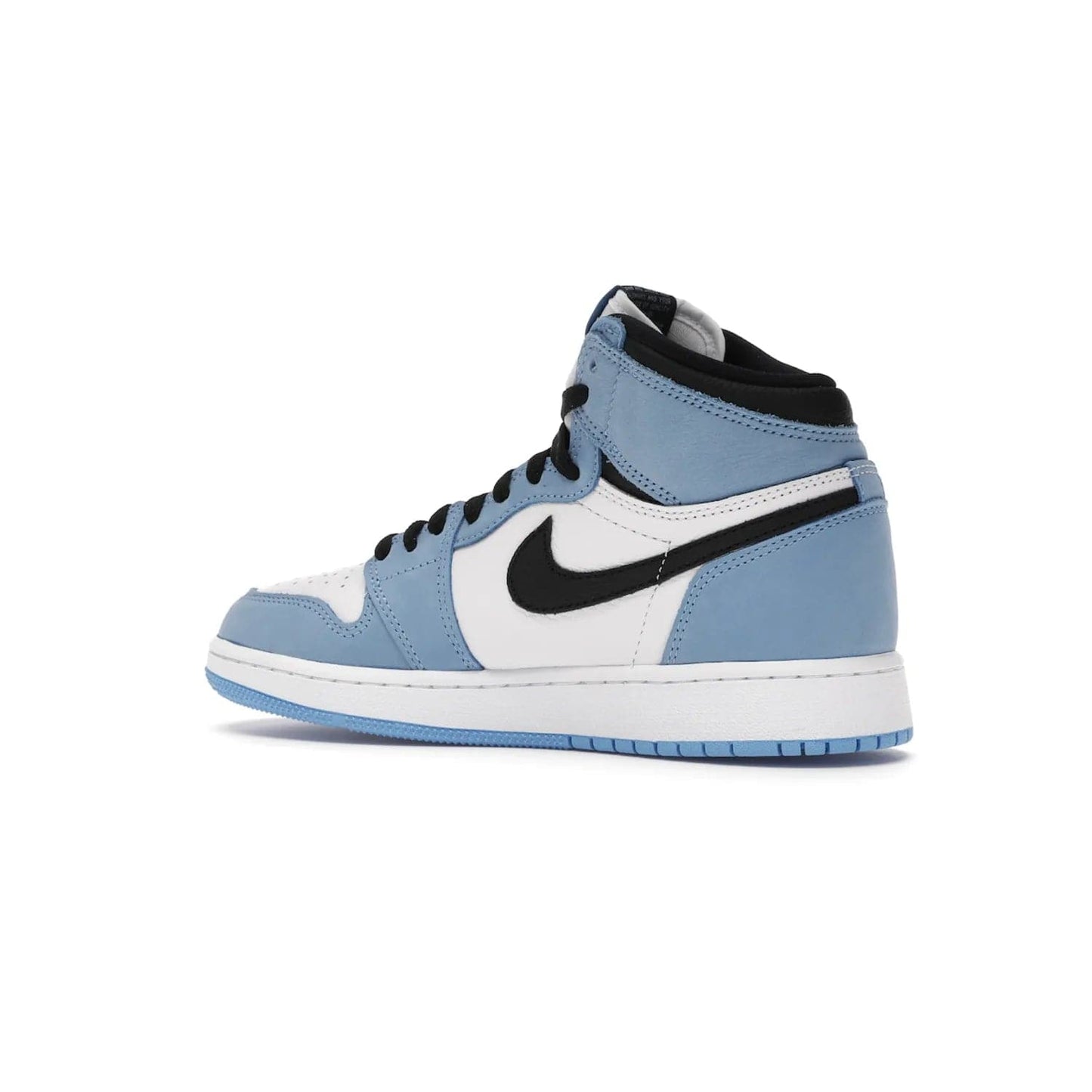 Jordan 1 Retro High White University Blue Black (GS) - Image 22 - Only at www.BallersClubKickz.com - Air Jordan 1 Retro High White University Blue Black GS: the latest offering from the iconic Air Jordan 1 line. White tumbled leather upper with University Blue overlays and black detailing. University Blue outsole and white midsole. March 6 release.