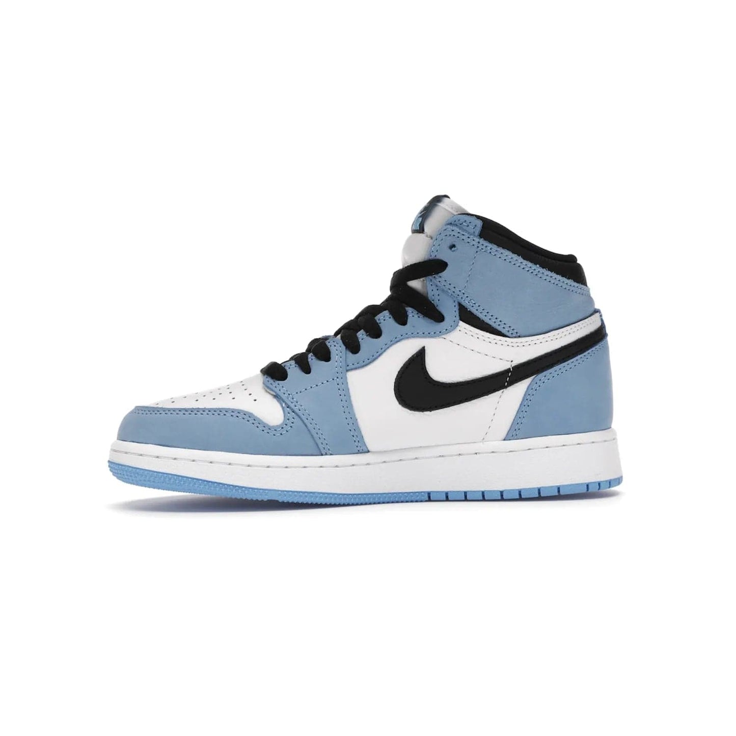Jordan 1 Retro High White University Blue Black (GS) - Image 18 - Only at www.BallersClubKickz.com - Air Jordan 1 Retro High White University Blue Black GS: the latest offering from the iconic Air Jordan 1 line. White tumbled leather upper with University Blue overlays and black detailing. University Blue outsole and white midsole. March 6 release.