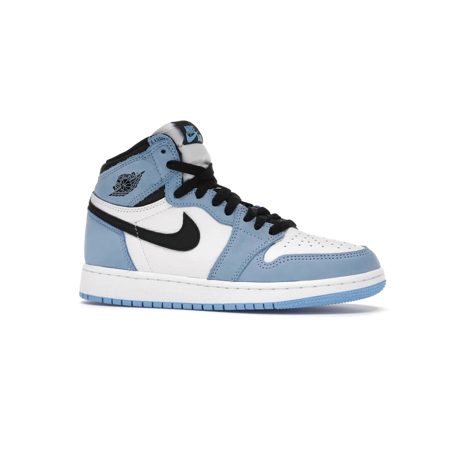 Jordan 1 Retro High White University Blue Black (GS) - Image 3 - Only at www.BallersClubKickz.com - Air Jordan 1 Retro High White University Blue Black GS: the latest offering from the iconic Air Jordan 1 line. White tumbled leather upper with University Blue overlays and black detailing. University Blue outsole and white midsole. March 6 release.