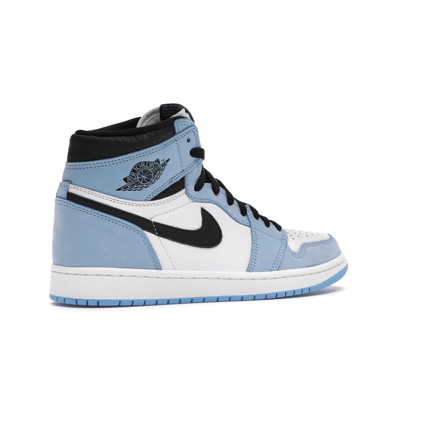 Jordan 1 Retro High White University Blue Black - Image 34 - Only at www.BallersClubKickz.com - Shop the Air Jordan 1 Retro High University Blue. White and black tumbled leather upper with University Blue Durabuck overlays, Nike Air woven label, Air Jordan Wings Logo, white midsole and University Blue outsole. Available March 2021.