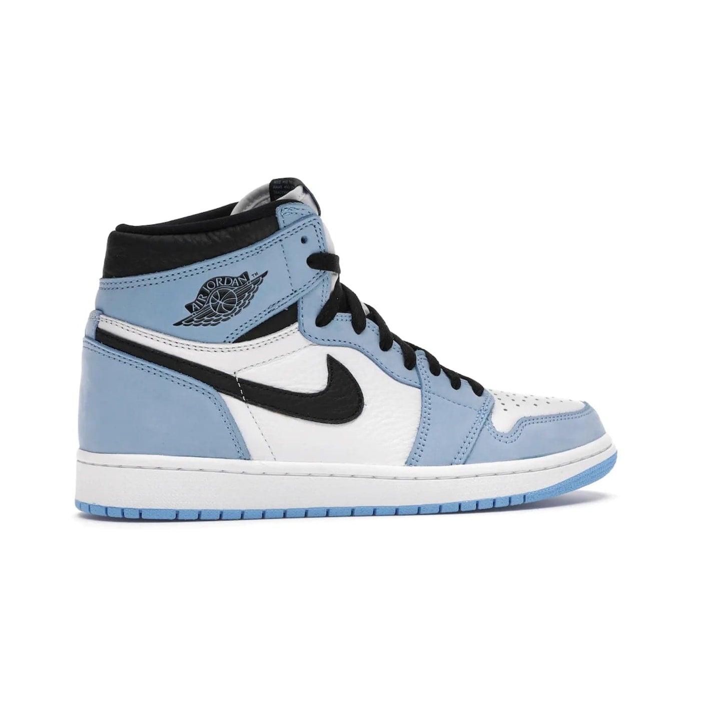 Jordan 1 Retro High White University Blue Black - Image 35 - Only at www.BallersClubKickz.com - Shop the Air Jordan 1 Retro High University Blue. White and black tumbled leather upper with University Blue Durabuck overlays, Nike Air woven label, Air Jordan Wings Logo, white midsole and University Blue outsole. Available March 2021.