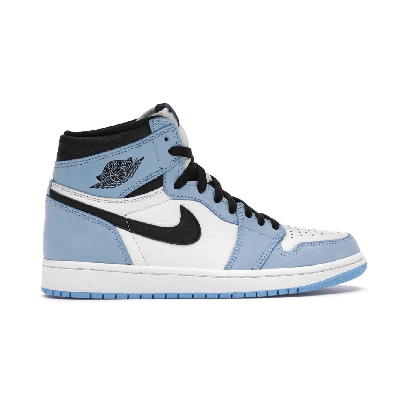 Jordan 1 Retro High White University Blue Black - Image 36 - Only at www.BallersClubKickz.com - Shop the Air Jordan 1 Retro High University Blue. White and black tumbled leather upper with University Blue Durabuck overlays, Nike Air woven label, Air Jordan Wings Logo, white midsole and University Blue outsole. Available March 2021.