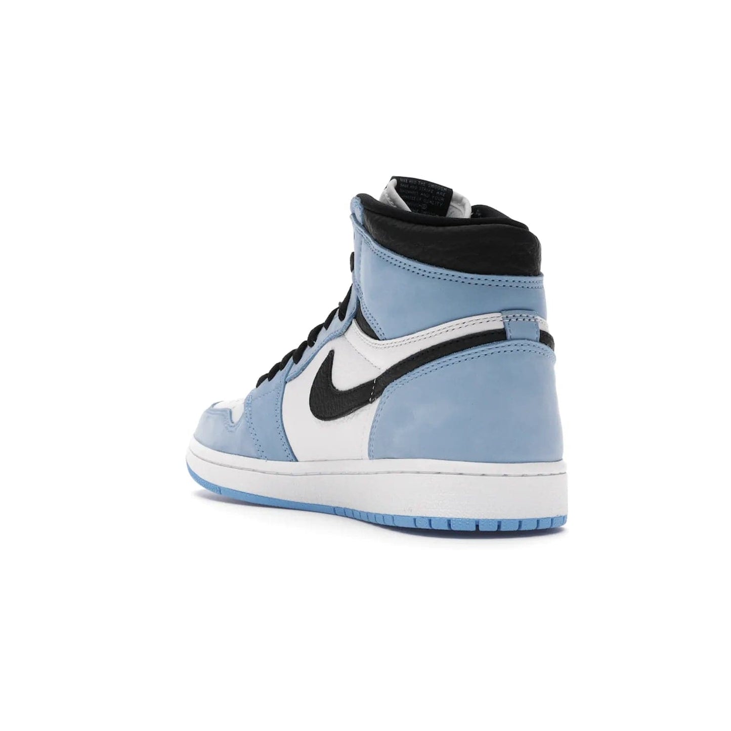 Jordan 1 Retro High White University Blue Black - Image 25 - Only at www.BallersClubKickz.com - Shop the Air Jordan 1 Retro High University Blue. White and black tumbled leather upper with University Blue Durabuck overlays, Nike Air woven label, Air Jordan Wings Logo, white midsole and University Blue outsole. Available March 2021.
