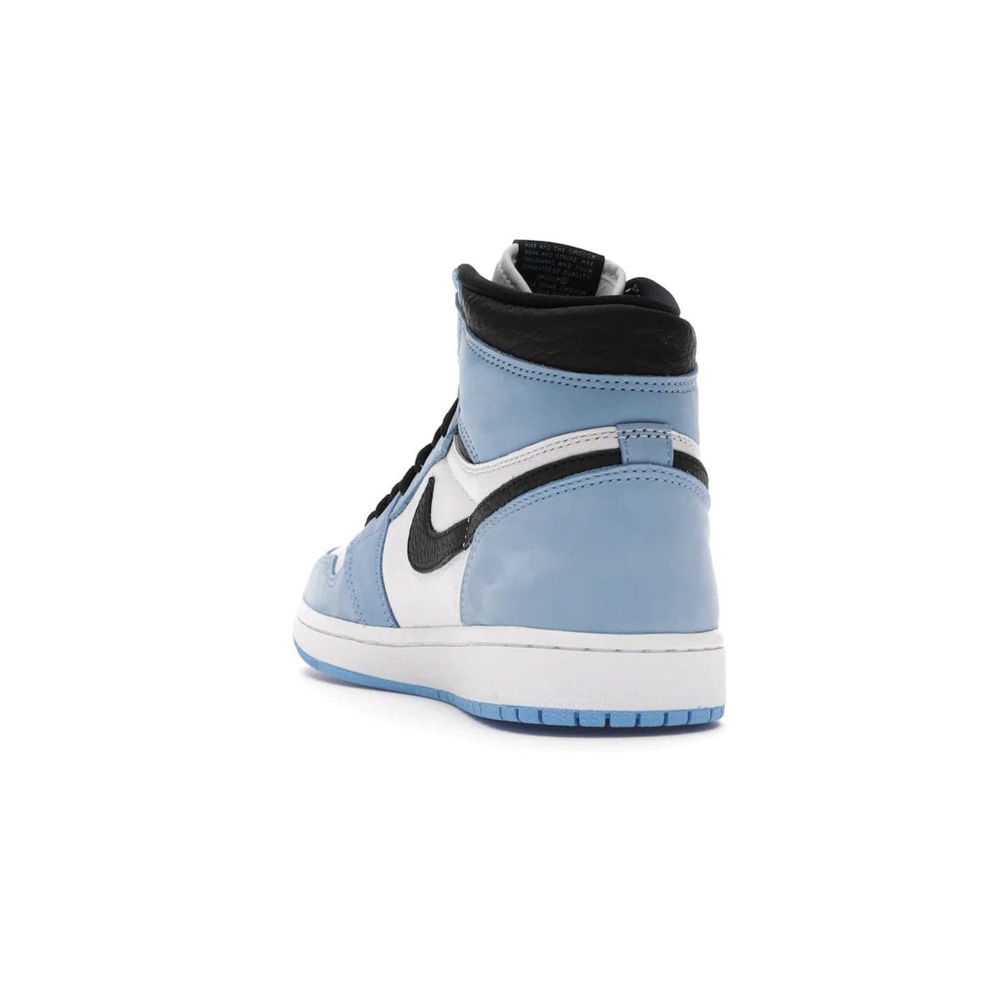 Jordan 1 Retro High White University Blue Black - Image 26 - Only at www.BallersClubKickz.com - Shop the Air Jordan 1 Retro High University Blue. White and black tumbled leather upper with University Blue Durabuck overlays, Nike Air woven label, Air Jordan Wings Logo, white midsole and University Blue outsole. Available March 2021.
