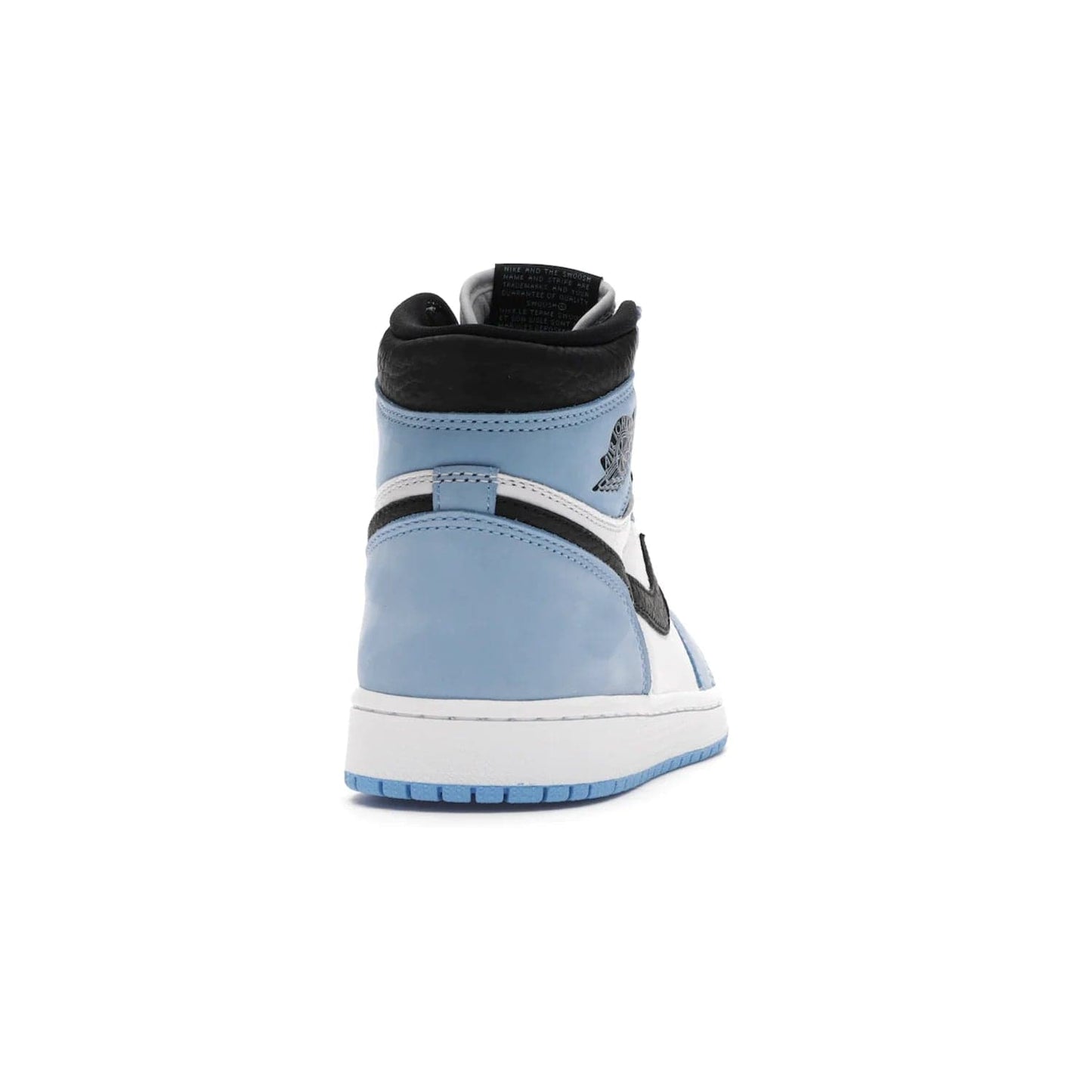 Jordan 1 Retro High White University Blue Black - Image 29 - Only at www.BallersClubKickz.com - Shop the Air Jordan 1 Retro High University Blue. White and black tumbled leather upper with University Blue Durabuck overlays, Nike Air woven label, Air Jordan Wings Logo, white midsole and University Blue outsole. Available March 2021.