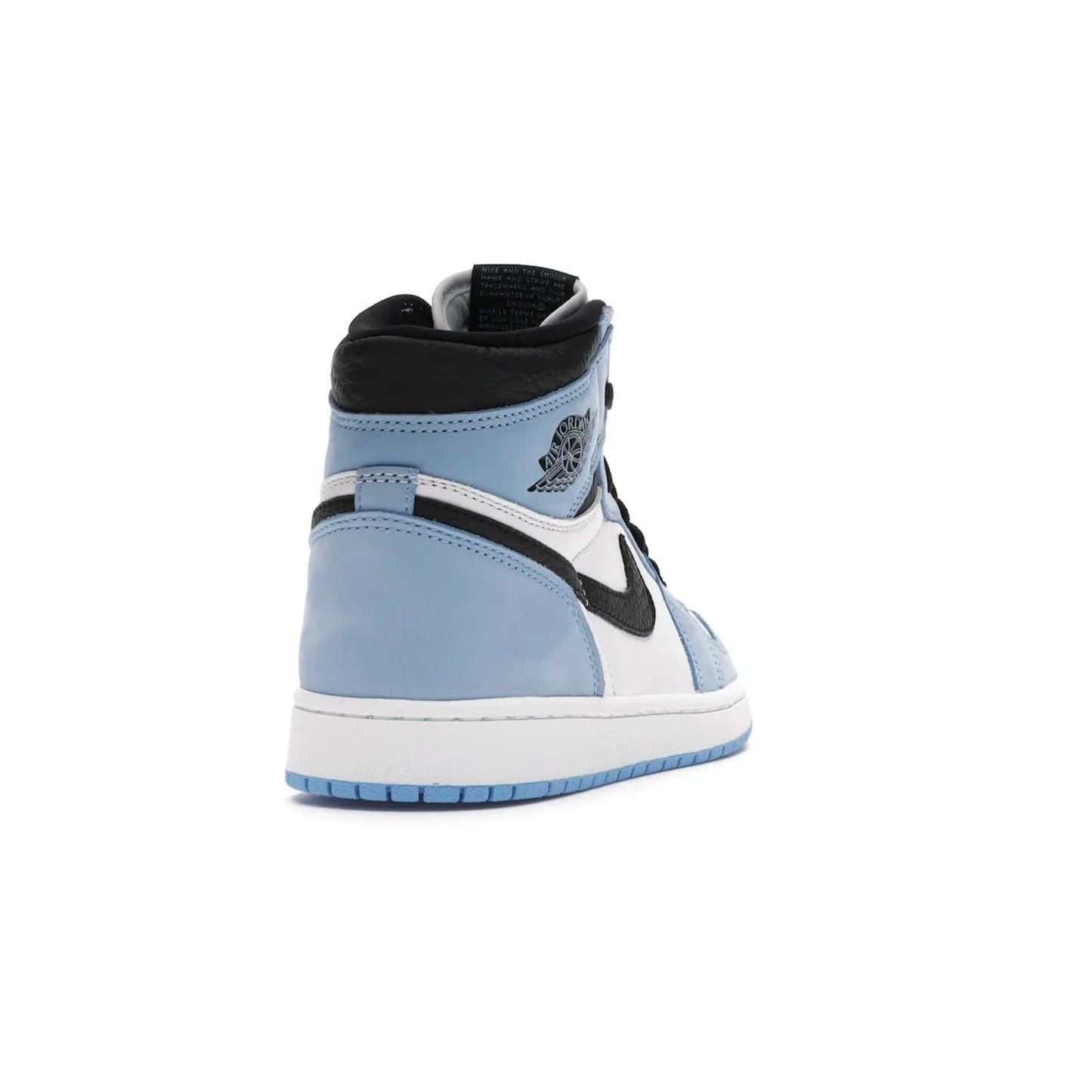 Jordan 1 Retro High White University Blue Black - Image 30 - Only at www.BallersClubKickz.com - Shop the Air Jordan 1 Retro High University Blue. White and black tumbled leather upper with University Blue Durabuck overlays, Nike Air woven label, Air Jordan Wings Logo, white midsole and University Blue outsole. Available March 2021.