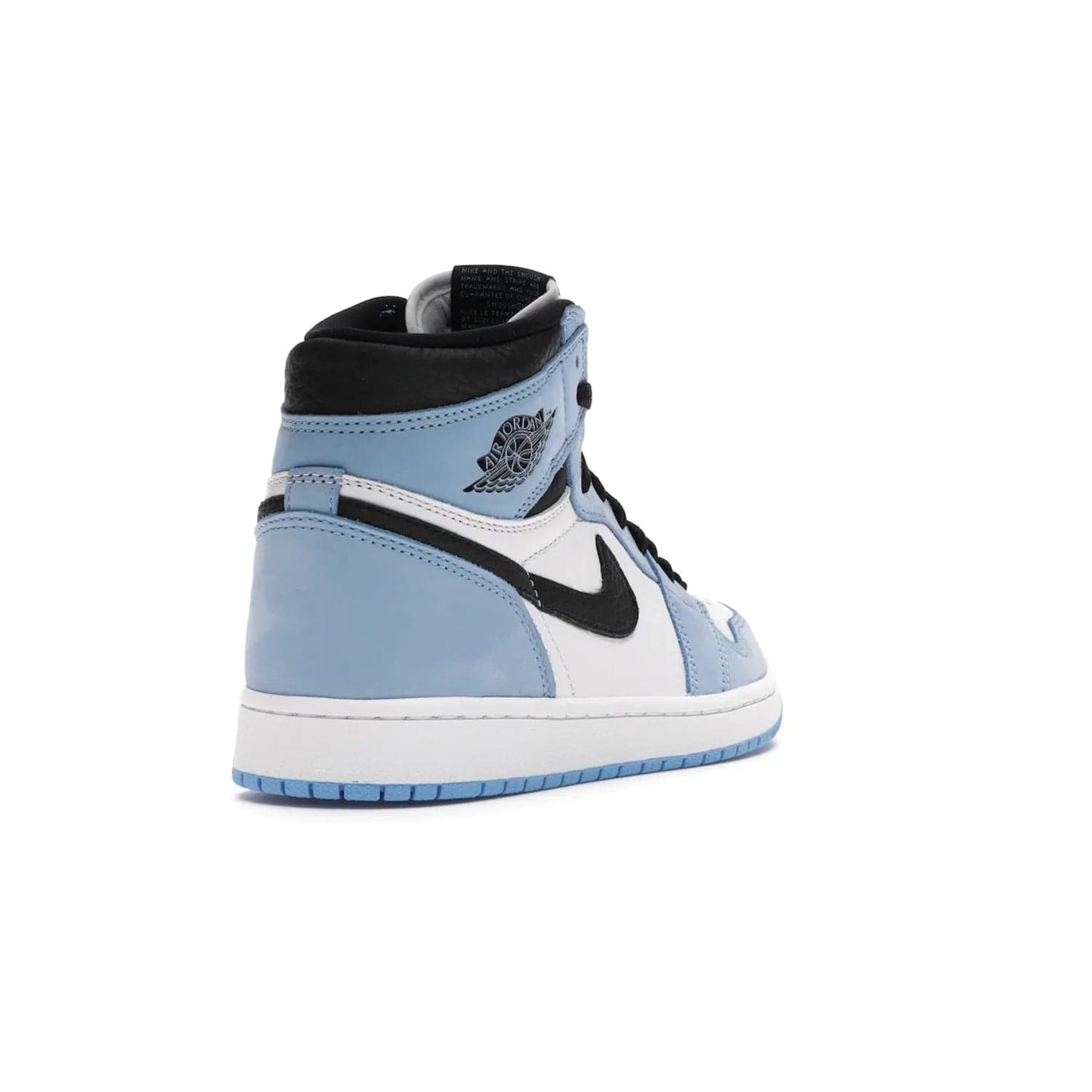 Jordan 1 Retro High White University Blue Black - Image 31 - Only at www.BallersClubKickz.com - Shop the Air Jordan 1 Retro High University Blue. White and black tumbled leather upper with University Blue Durabuck overlays, Nike Air woven label, Air Jordan Wings Logo, white midsole and University Blue outsole. Available March 2021.