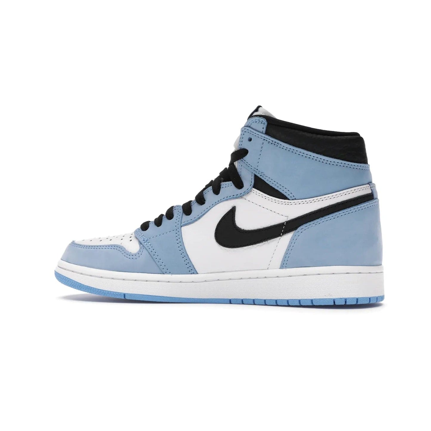 Jordan 1 Retro High White University Blue Black - Image 21 - Only at www.BallersClubKickz.com - Shop the Air Jordan 1 Retro High University Blue. White and black tumbled leather upper with University Blue Durabuck overlays, Nike Air woven label, Air Jordan Wings Logo, white midsole and University Blue outsole. Available March 2021.
