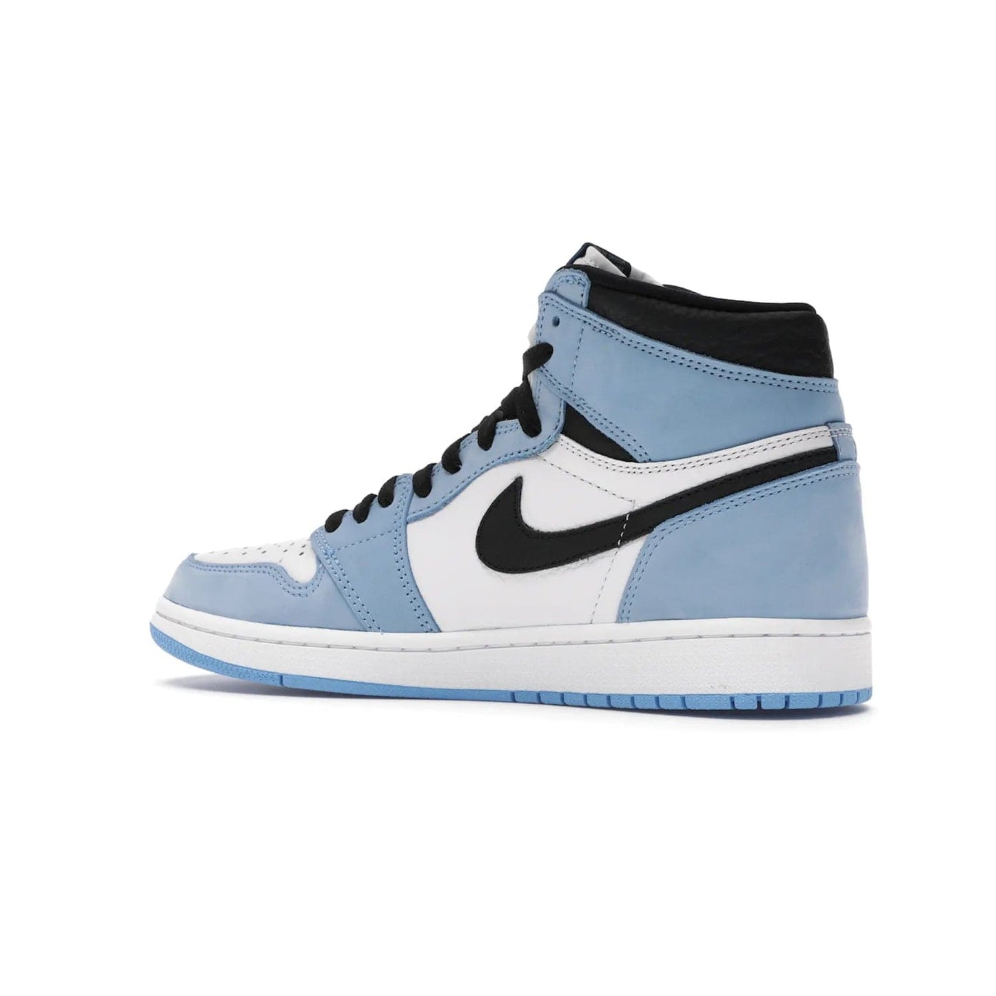 Jordan 1 Retro High White University Blue Black - Image 22 - Only at www.BallersClubKickz.com - Shop the Air Jordan 1 Retro High University Blue. White and black tumbled leather upper with University Blue Durabuck overlays, Nike Air woven label, Air Jordan Wings Logo, white midsole and University Blue outsole. Available March 2021.