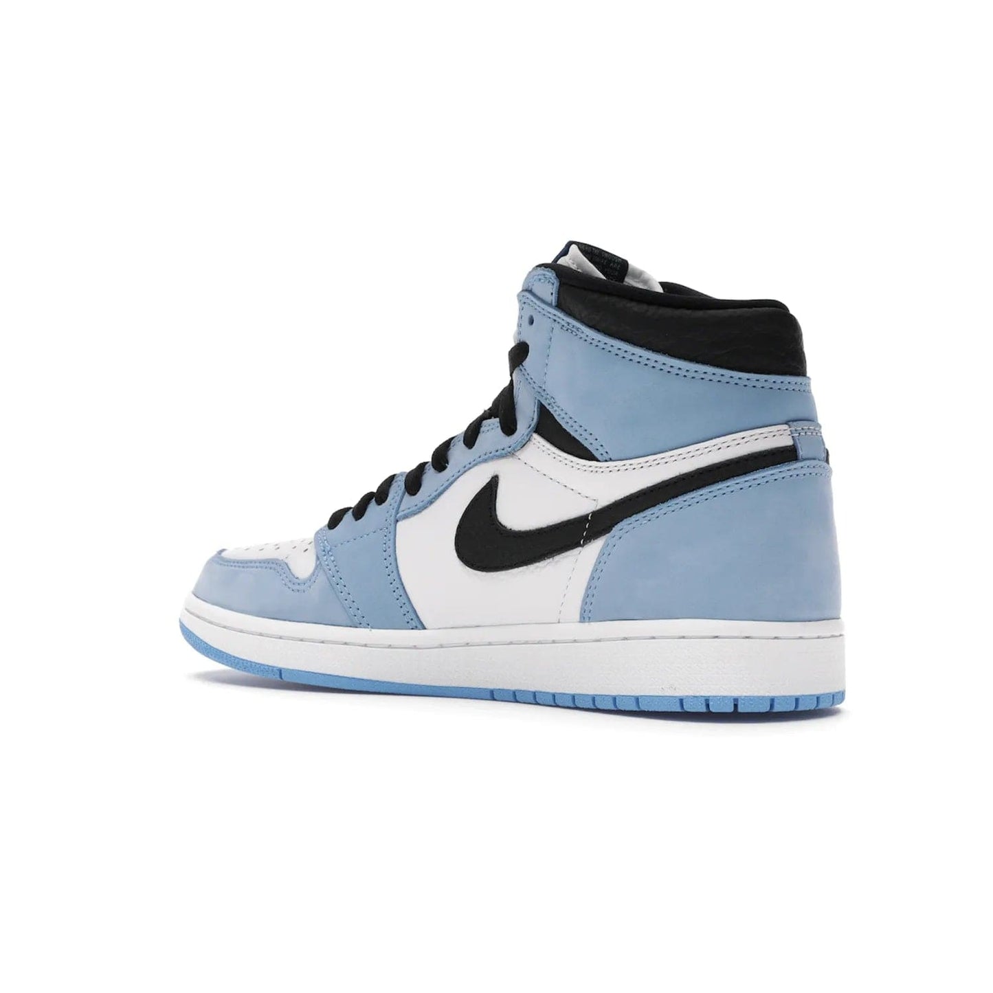 Jordan 1 Retro High White University Blue Black - Image 23 - Only at www.BallersClubKickz.com - Shop the Air Jordan 1 Retro High University Blue. White and black tumbled leather upper with University Blue Durabuck overlays, Nike Air woven label, Air Jordan Wings Logo, white midsole and University Blue outsole. Available March 2021.