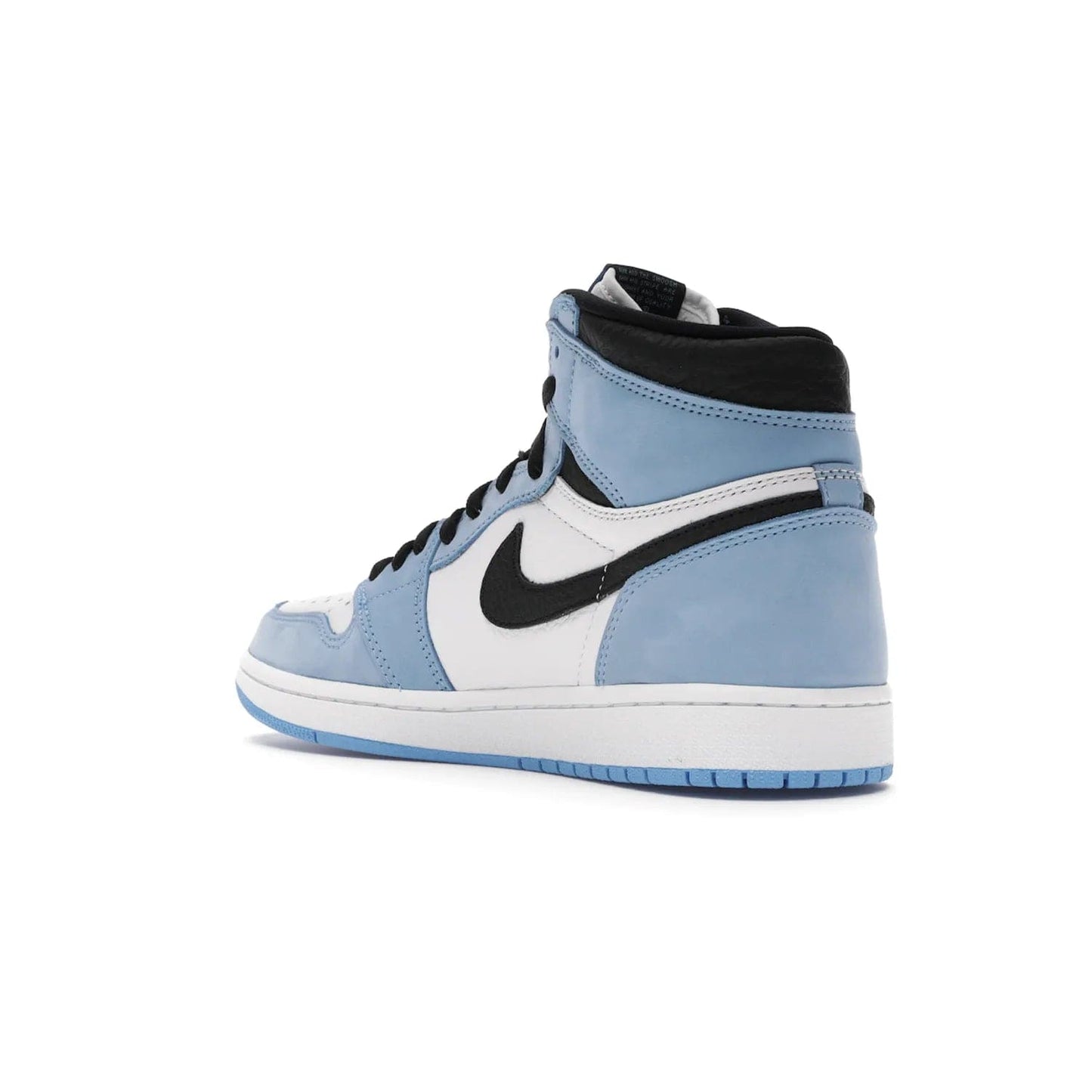 Jordan 1 Retro High White University Blue Black - Image 24 - Only at www.BallersClubKickz.com - Shop the Air Jordan 1 Retro High University Blue. White and black tumbled leather upper with University Blue Durabuck overlays, Nike Air woven label, Air Jordan Wings Logo, white midsole and University Blue outsole. Available March 2021.