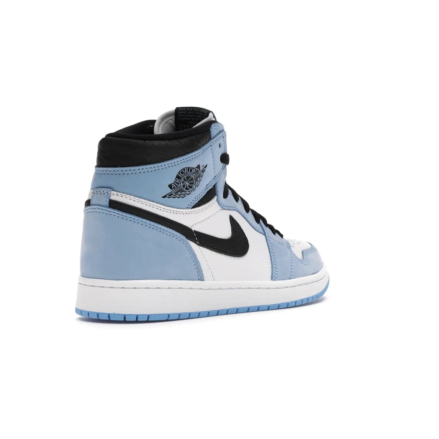 Jordan 1 Retro High White University Blue Black - Image 32 - Only at www.BallersClubKickz.com - Shop the Air Jordan 1 Retro High University Blue. White and black tumbled leather upper with University Blue Durabuck overlays, Nike Air woven label, Air Jordan Wings Logo, white midsole and University Blue outsole. Available March 2021.