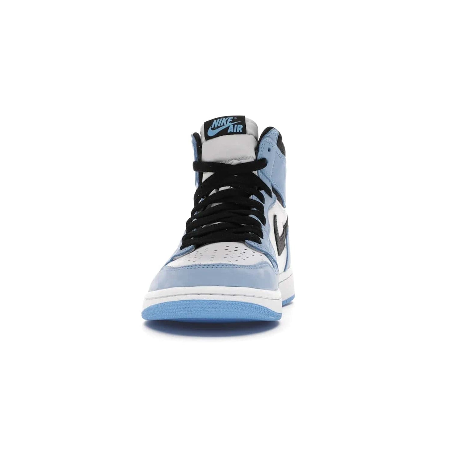 Jordan 1 Retro High White University Blue Black - Image 11 - Only at www.BallersClubKickz.com - Shop the Air Jordan 1 Retro High University Blue. White and black tumbled leather upper with University Blue Durabuck overlays, Nike Air woven label, Air Jordan Wings Logo, white midsole and University Blue outsole. Available March 2021.
