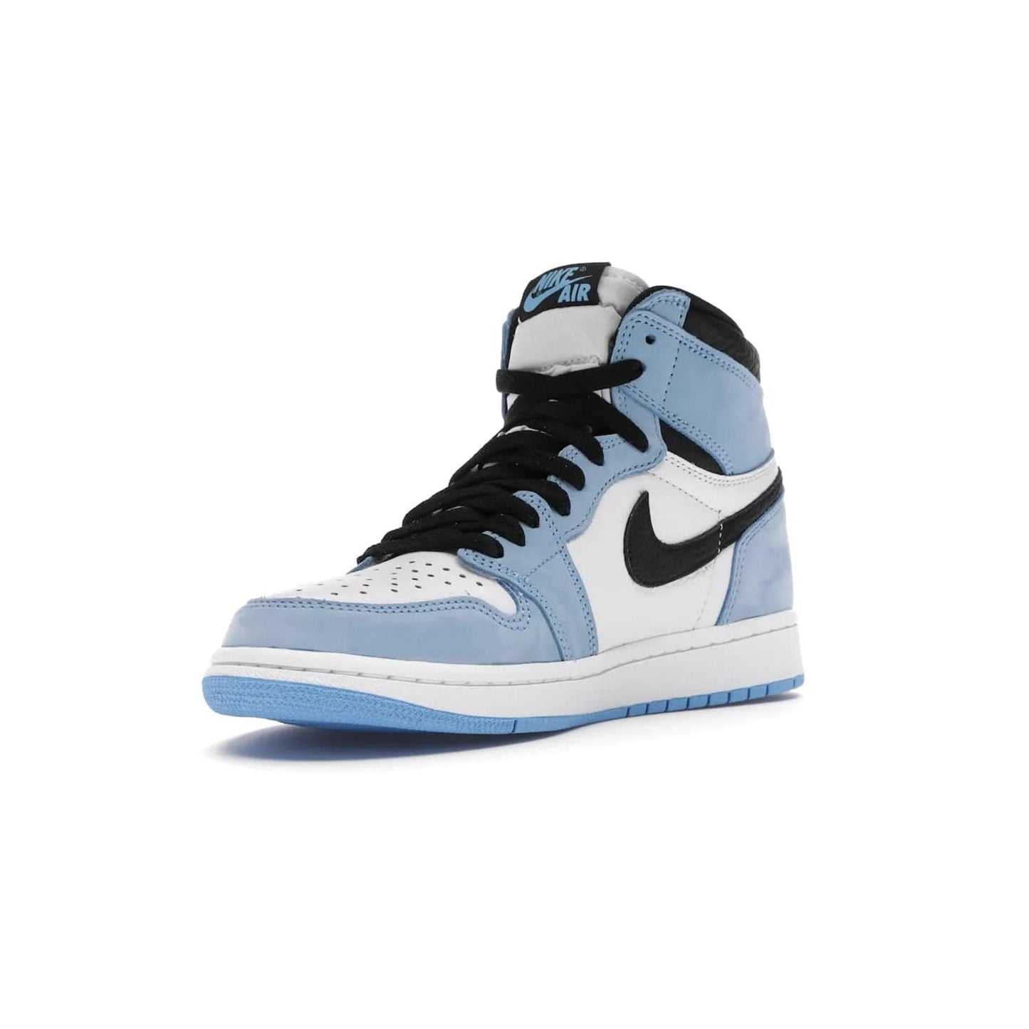 Jordan 1 Retro High White University Blue Black - Image 14 - Only at www.BallersClubKickz.com - Shop the Air Jordan 1 Retro High University Blue. White and black tumbled leather upper with University Blue Durabuck overlays, Nike Air woven label, Air Jordan Wings Logo, white midsole and University Blue outsole. Available March 2021.