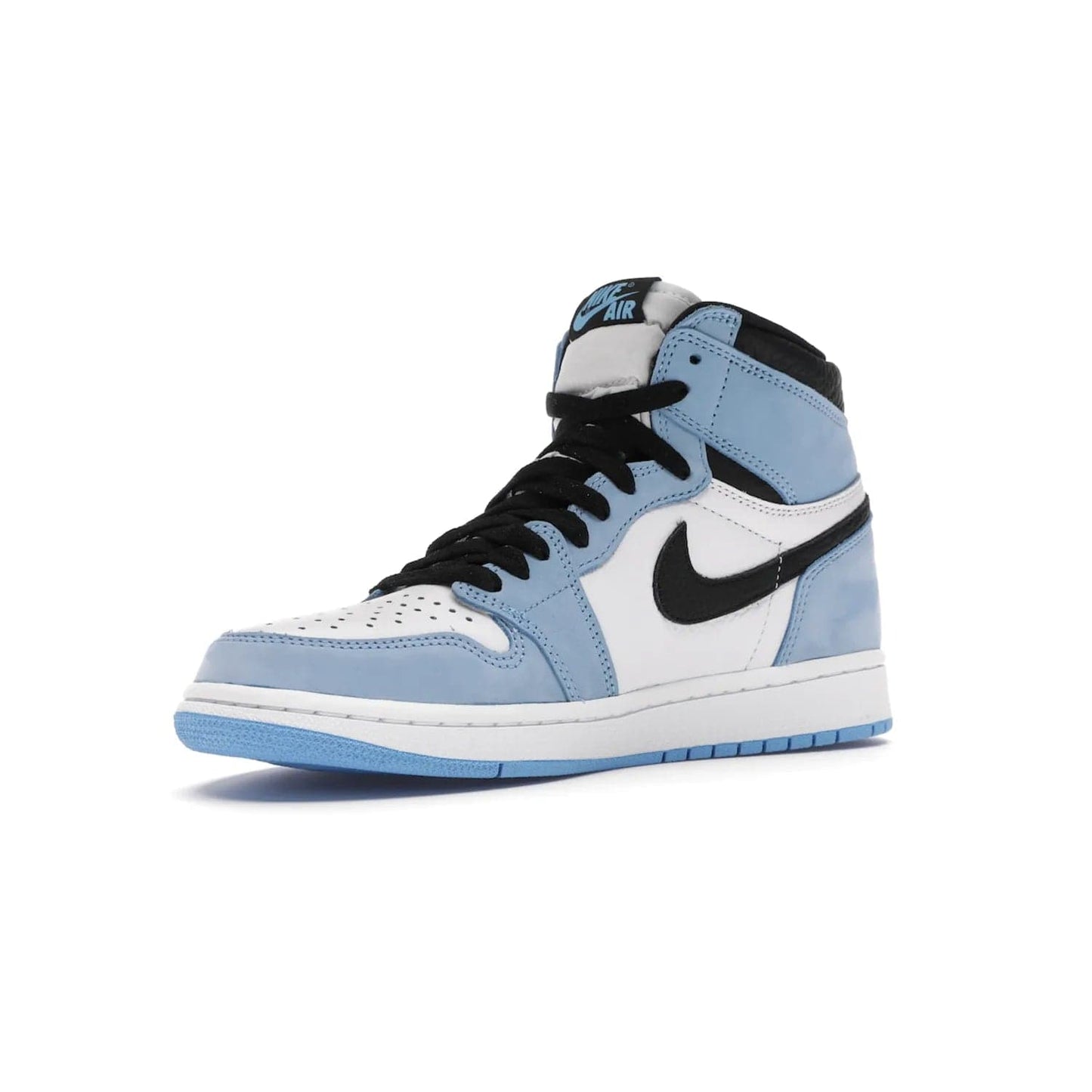 Jordan 1 Retro High White University Blue Black - Image 15 - Only at www.BallersClubKickz.com - Shop the Air Jordan 1 Retro High University Blue. White and black tumbled leather upper with University Blue Durabuck overlays, Nike Air woven label, Air Jordan Wings Logo, white midsole and University Blue outsole. Available March 2021.