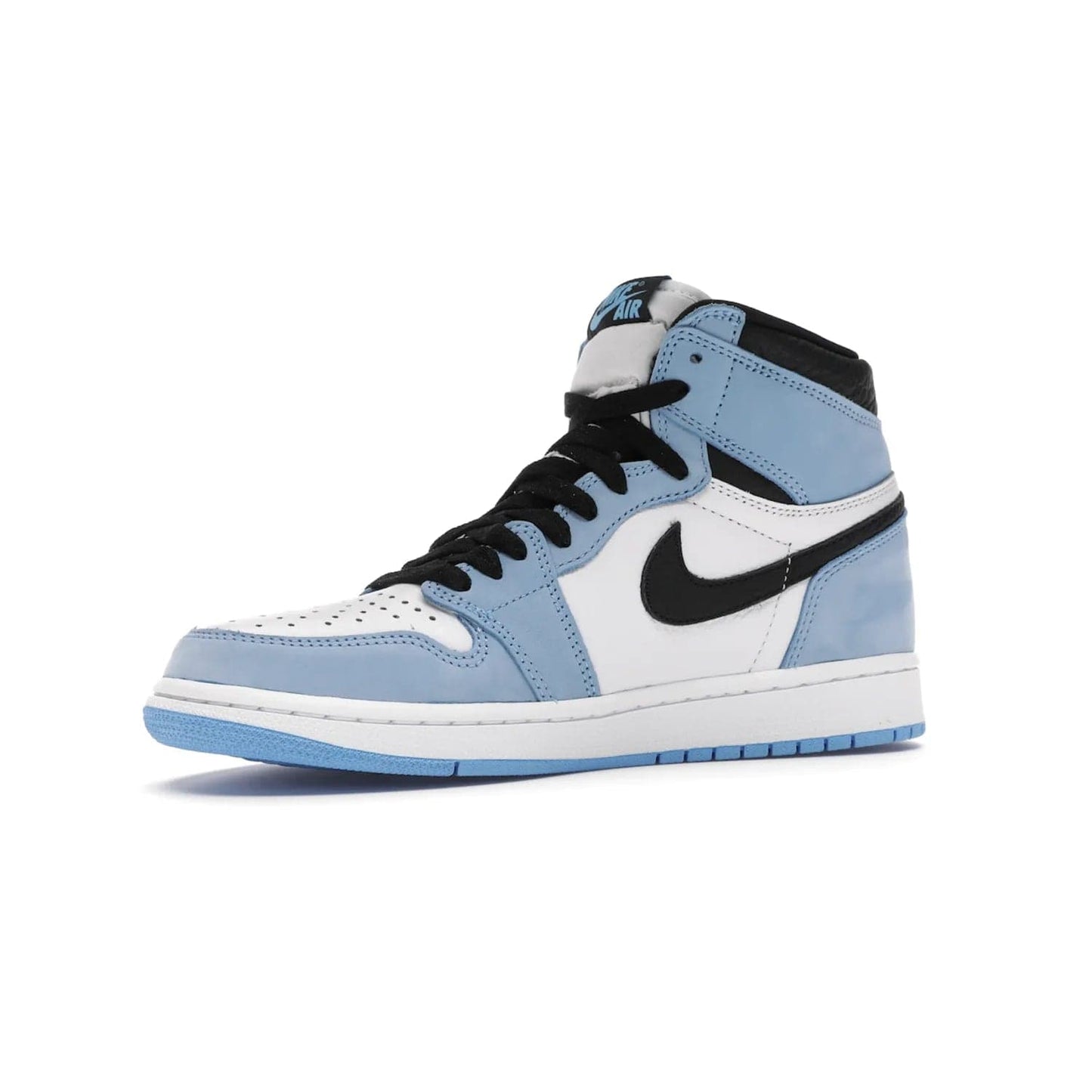 Jordan 1 Retro High White University Blue Black - Image 16 - Only at www.BallersClubKickz.com - Shop the Air Jordan 1 Retro High University Blue. White and black tumbled leather upper with University Blue Durabuck overlays, Nike Air woven label, Air Jordan Wings Logo, white midsole and University Blue outsole. Available March 2021.