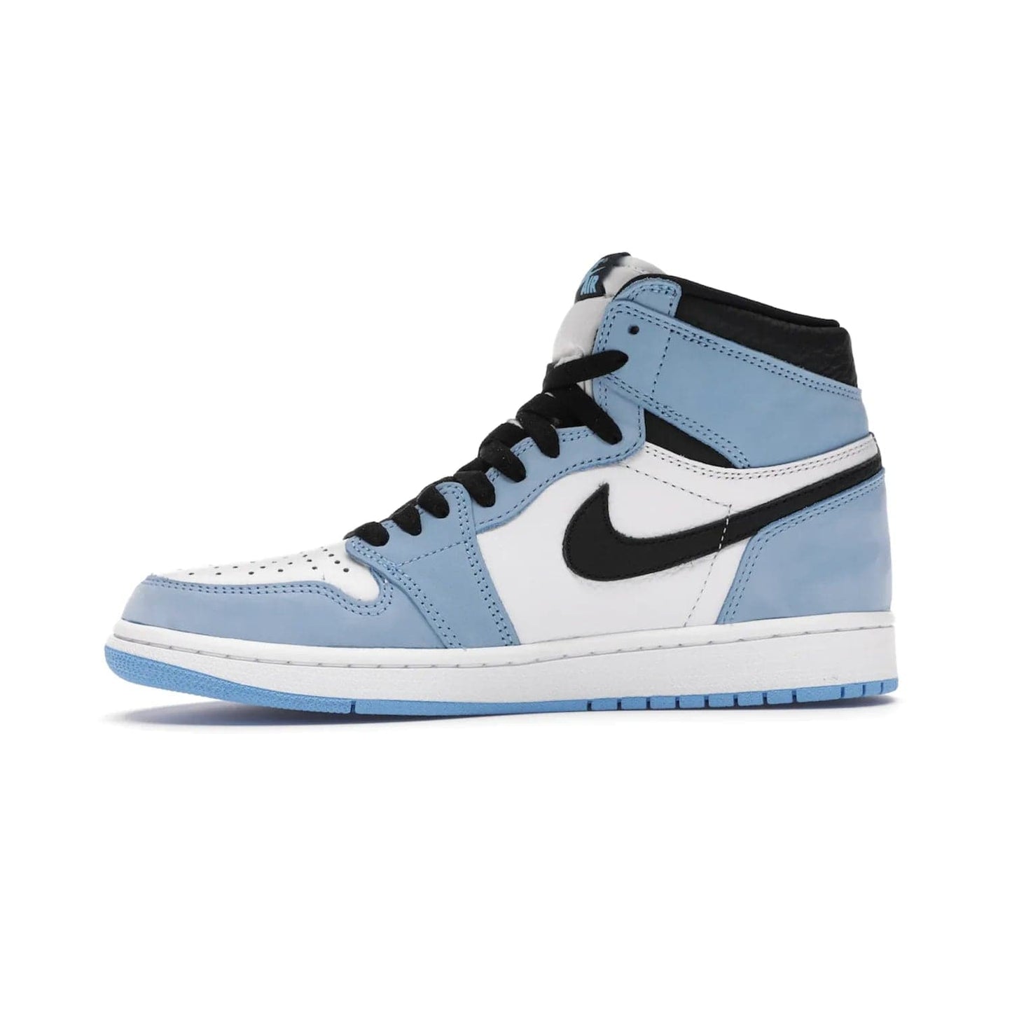 Jordan 1 Retro High White University Blue Black - Image 18 - Only at www.BallersClubKickz.com - Shop the Air Jordan 1 Retro High University Blue. White and black tumbled leather upper with University Blue Durabuck overlays, Nike Air woven label, Air Jordan Wings Logo, white midsole and University Blue outsole. Available March 2021.