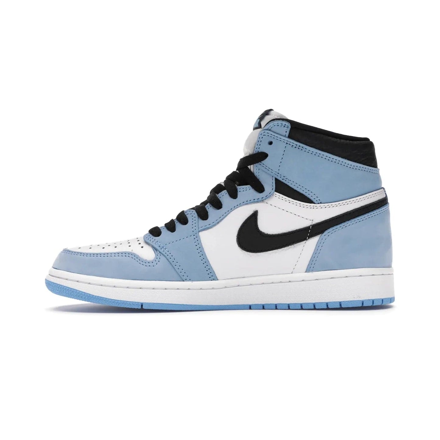 Jordan 1 Retro High White University Blue Black - Image 19 - Only at www.BallersClubKickz.com - Shop the Air Jordan 1 Retro High University Blue. White and black tumbled leather upper with University Blue Durabuck overlays, Nike Air woven label, Air Jordan Wings Logo, white midsole and University Blue outsole. Available March 2021.