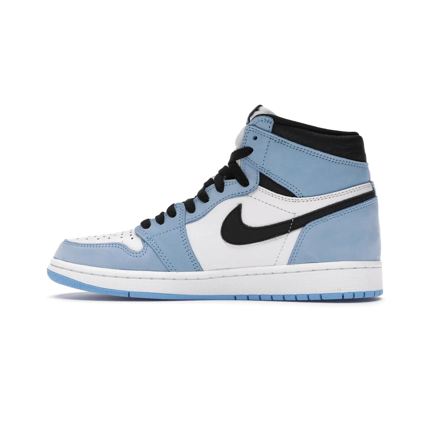 Jordan 1 Retro High White University Blue Black - Image 20 - Only at www.BallersClubKickz.com - Shop the Air Jordan 1 Retro High University Blue. White and black tumbled leather upper with University Blue Durabuck overlays, Nike Air woven label, Air Jordan Wings Logo, white midsole and University Blue outsole. Available March 2021.