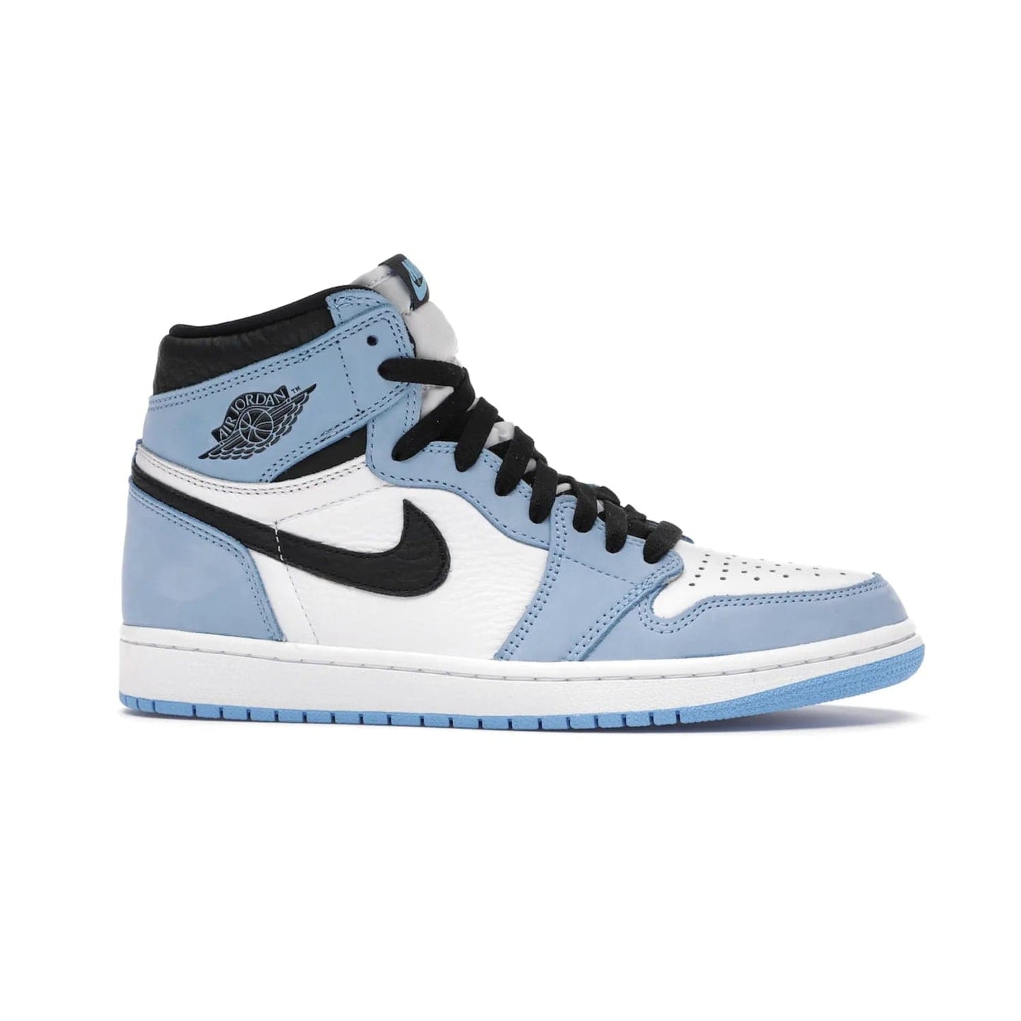 Jordan 1 Retro High White University Blue Black - Image 2 - Only at www.BallersClubKickz.com - Shop the Air Jordan 1 Retro High University Blue. White and black tumbled leather upper with University Blue Durabuck overlays, Nike Air woven label, Air Jordan Wings Logo, white midsole and University Blue outsole. Available March 2021.