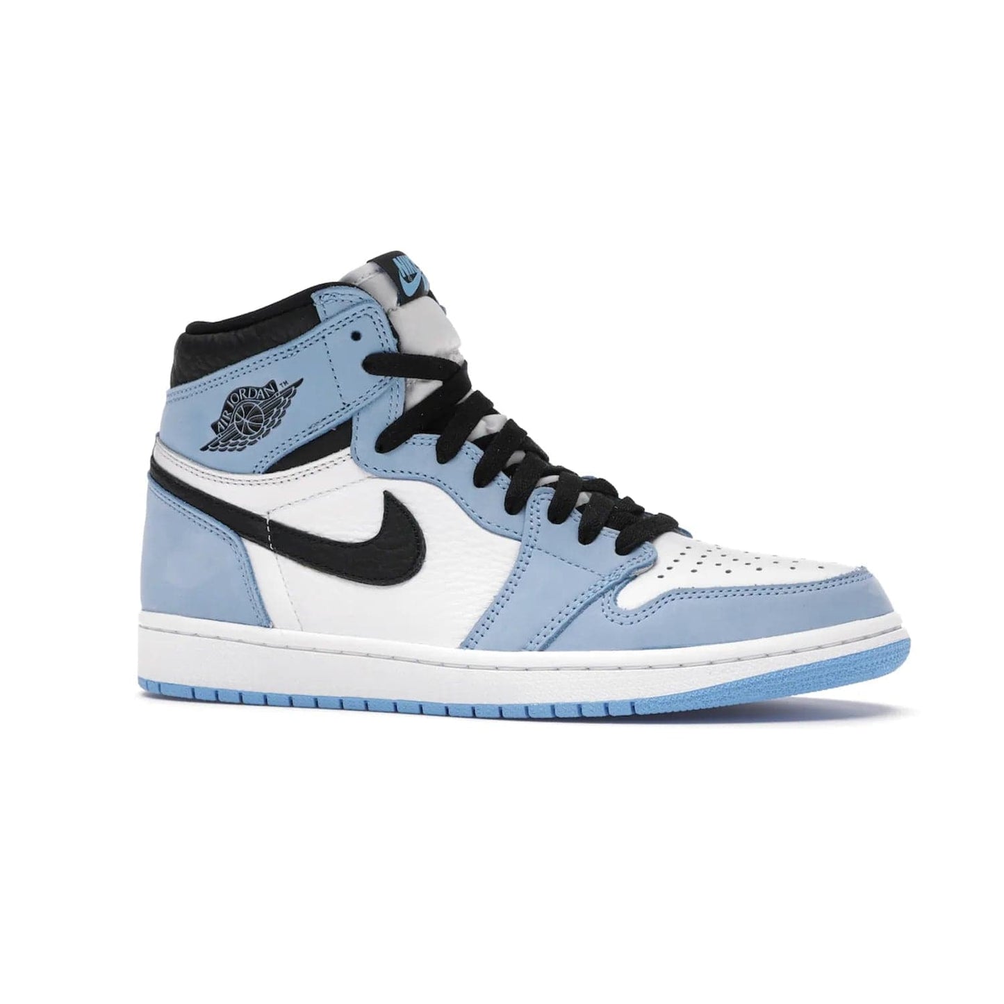 Jordan 1 Retro High White University Blue Black - Image 3 - Only at www.BallersClubKickz.com - Shop the Air Jordan 1 Retro High University Blue. White and black tumbled leather upper with University Blue Durabuck overlays, Nike Air woven label, Air Jordan Wings Logo, white midsole and University Blue outsole. Available March 2021.