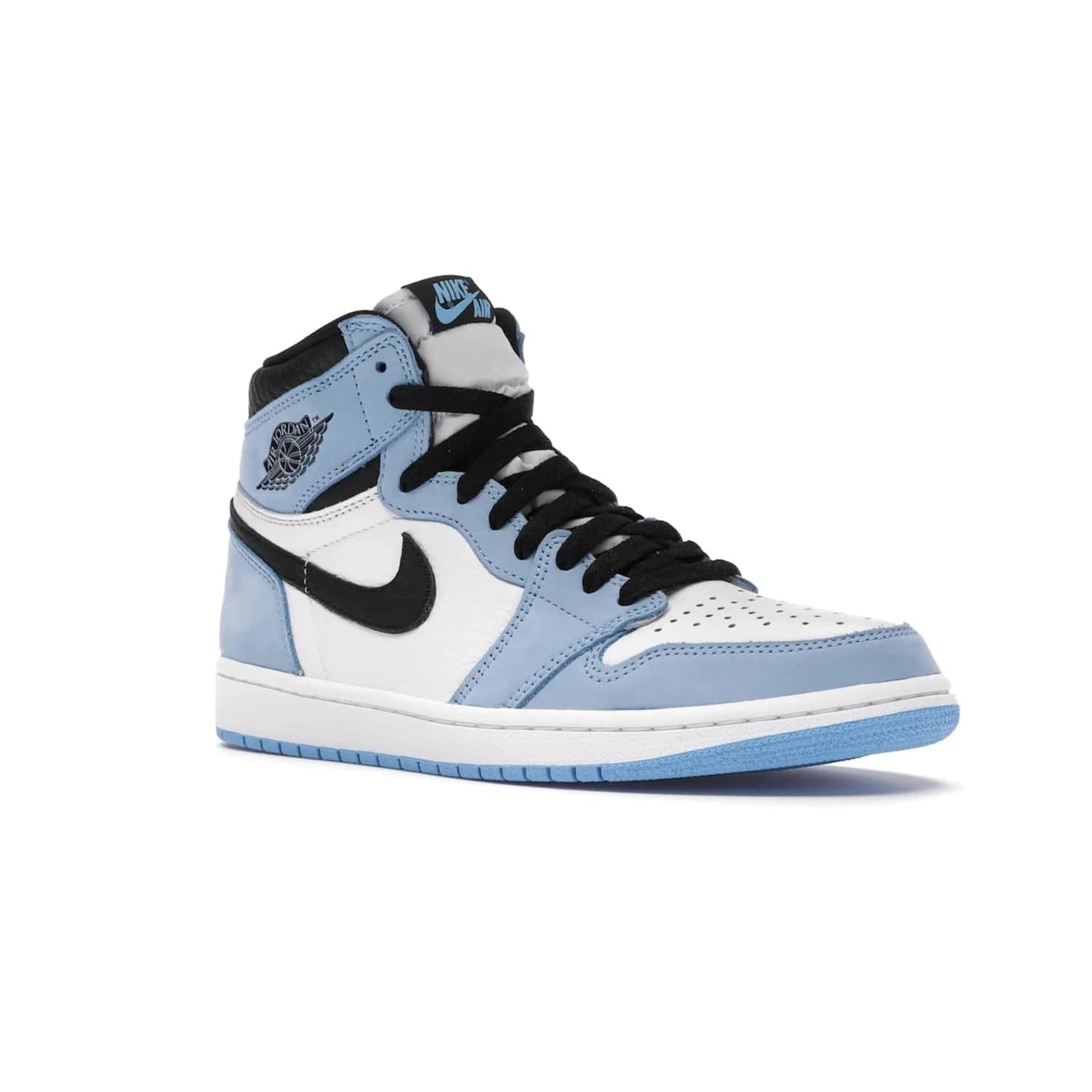 Jordan 1 Retro High White University Blue Black - Image 5 - Only at www.BallersClubKickz.com - Shop the Air Jordan 1 Retro High University Blue. White and black tumbled leather upper with University Blue Durabuck overlays, Nike Air woven label, Air Jordan Wings Logo, white midsole and University Blue outsole. Available March 2021.